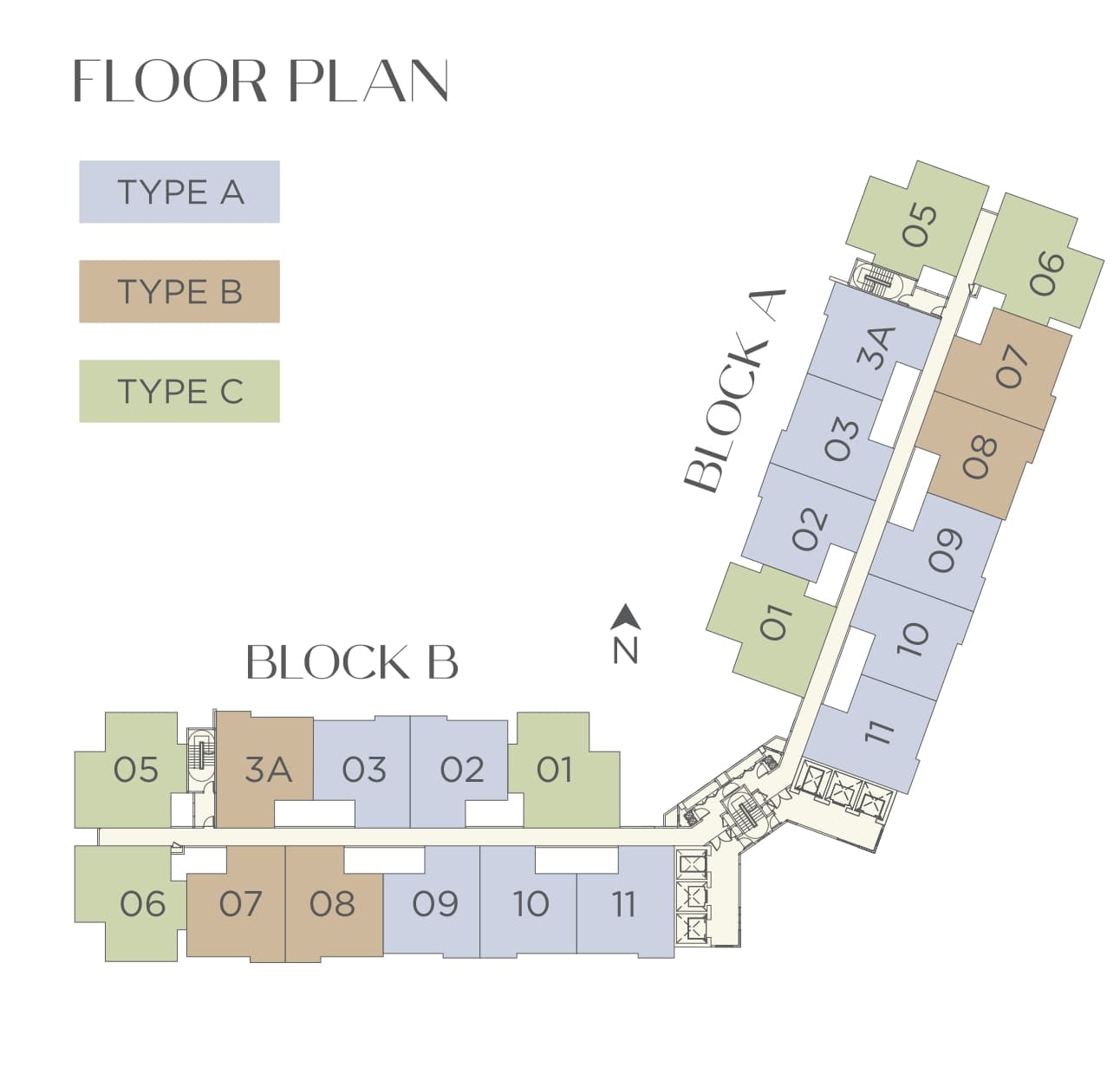 Riverville Residences 2 floor plate — Block A and Block B meeting at an angle, with every unit on the floor coloured by type: Type A, Type B and Type C