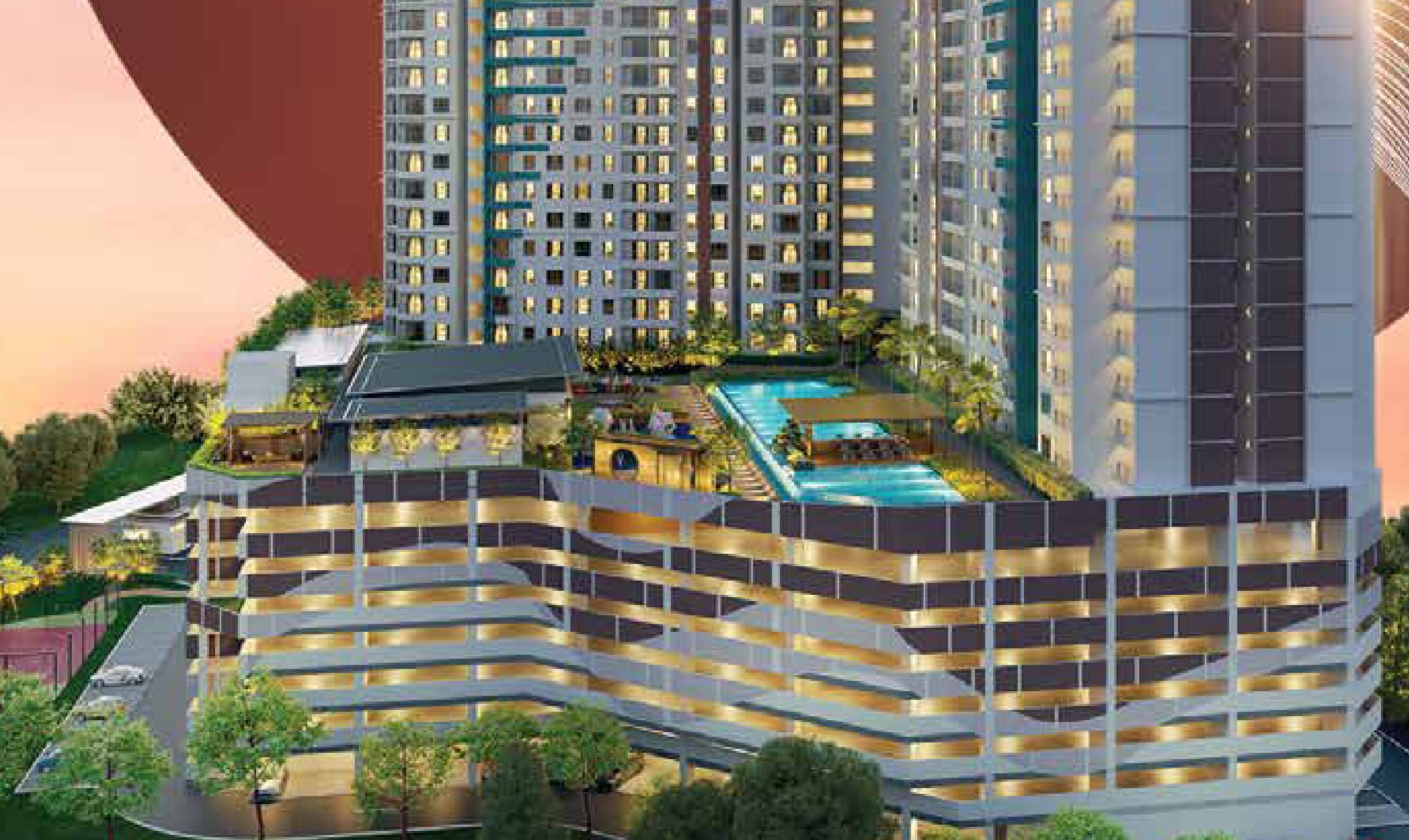 Riverville Residences 2 — the two blocks above their podium, with the swimming pool and landscaped facility deck on Jalan Taman Seri Sentosa, Old Klang Road