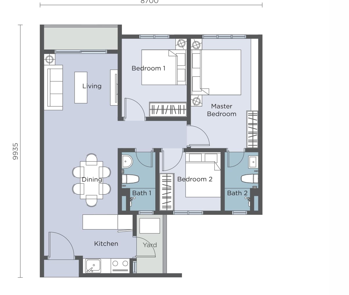 Riverville 2 Type A floor plan — 803 sq ft, 3 bedrooms · 2 bathrooms