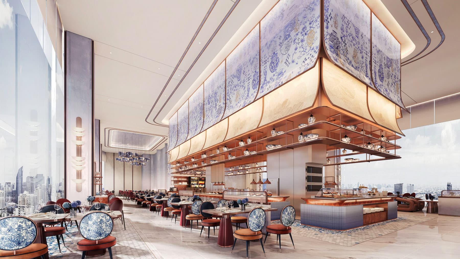 All-day dining on Level 53 — the buffet counter under a suspended porcelain-panelled canopy, glazed to the skyline