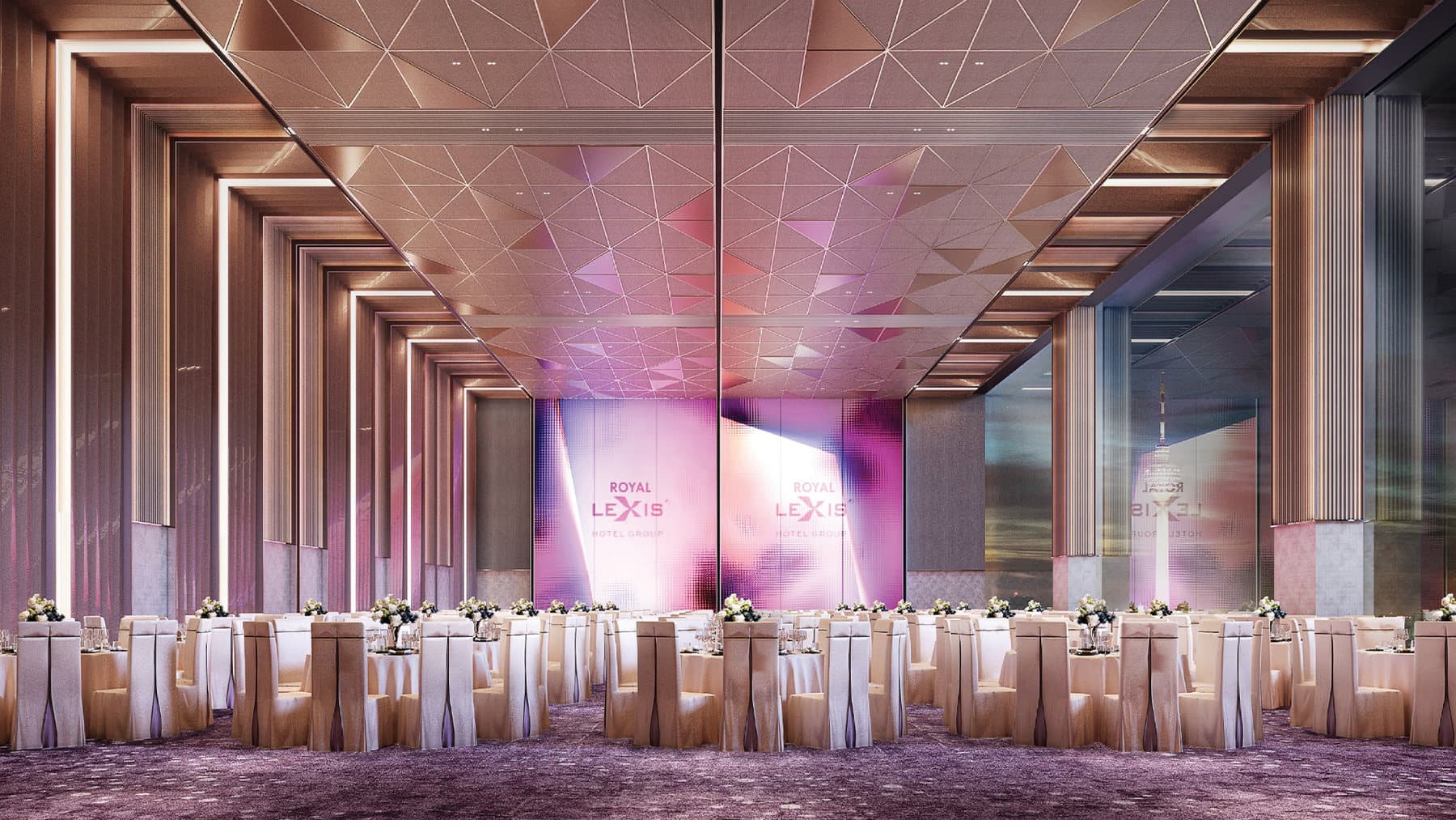 The grand ballroom on Level 57 — a column-free banquet floor with its own pre-function rooms, 57 storeys up