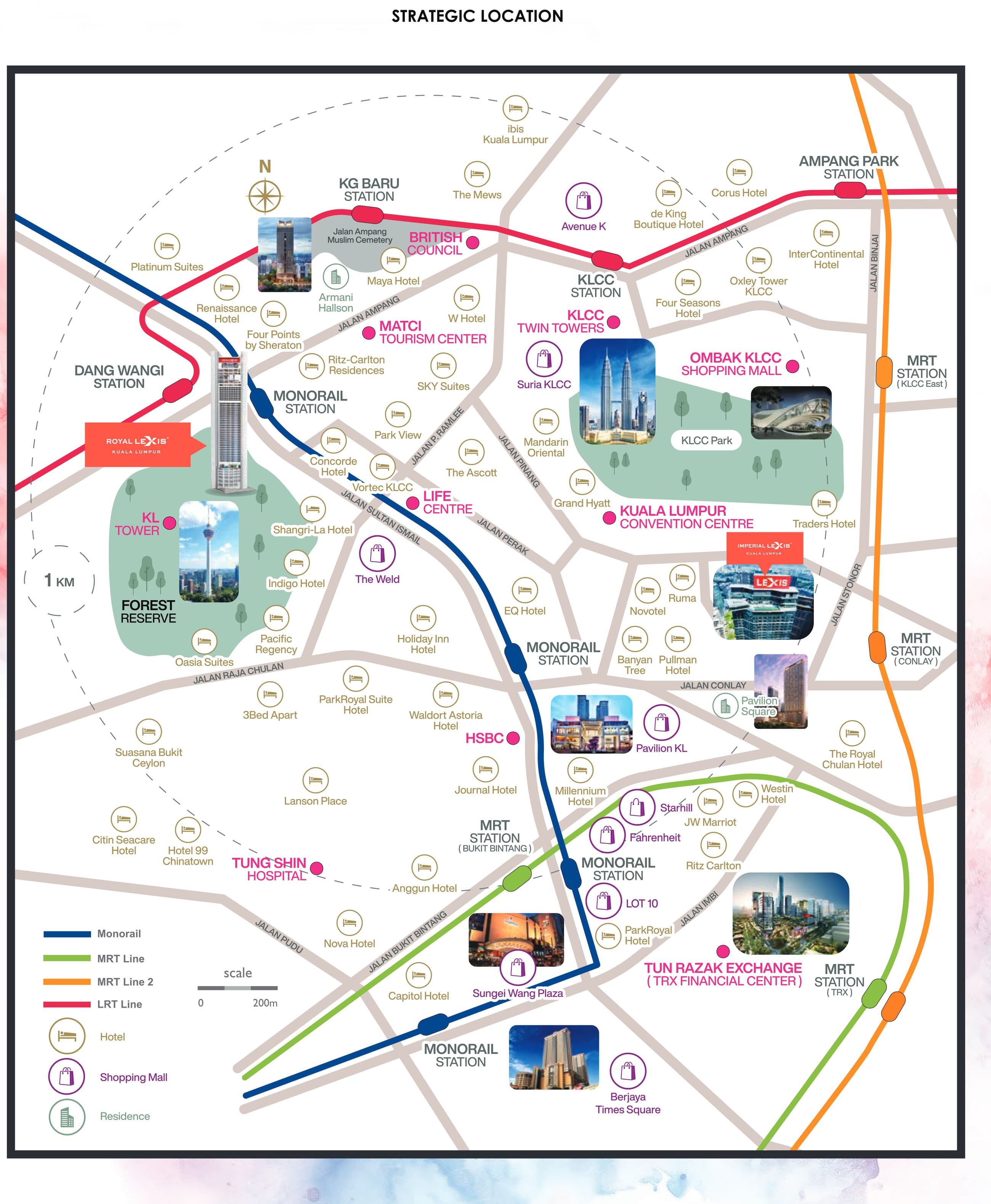 Royal Lexis location map from the developer's leaflet — Royal Lexis flagged on Jalan Sultan Ismail beside the Bukit Nanas forest reserve and KL Tower, with Dang Wangi LRT and the Bukit Nanas monorail station alongside, KLCC, the Petronas Twin Towers, KLCC Park and the Kuala Lumpur Convention Centre to the east, Bukit Bintang, Pavilion KL, Starhill and Tun Razak Exchange to the south-east, Imperial Lexis Kuala Lumpur on Jalan Conlay, and the Monorail, MRT, MRT Line 2 and LRT routes drawn across the city