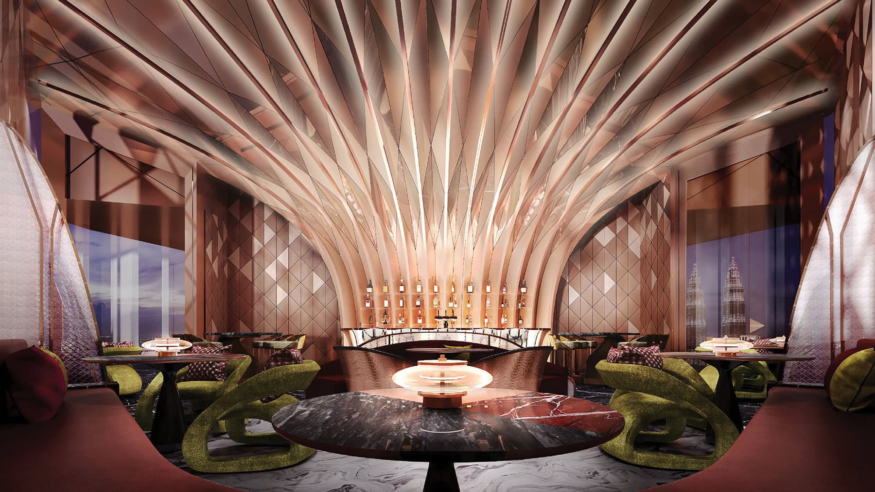 The Crown Bar — a fluted rose-gold ceiling over a single round bar, with the city through full-height glass