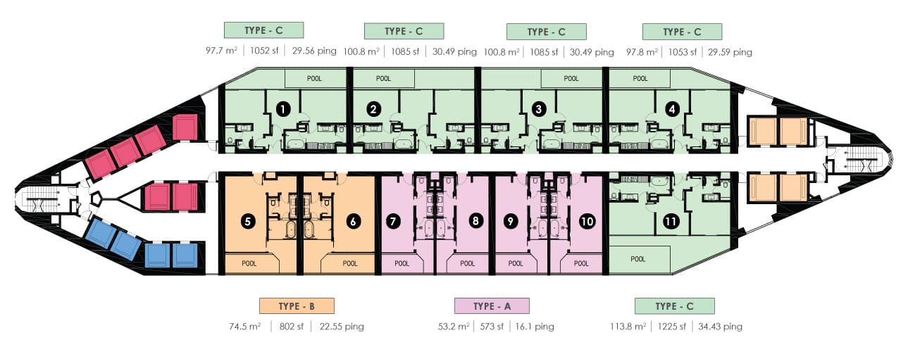 Royal Lexis typical floor plate, Levels 12 to 38 — eleven Sky Pool Suites a floor numbered 1 to 11, with units 1 to 4 and 11 as Type C at 1,052 to 1,225 sq ft, units 5 and 6 as Type B at 802 sq ft and units 7 to 10 as Type A at 573 sq ft, every one drawn with its own pool