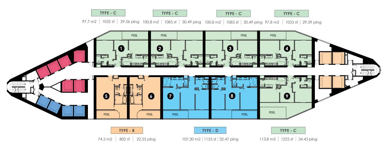 Royal Lexis typical floor plate, Levels 39 to 45 — nine Sky Pool Suites a floor, with units 1 to 4 and 9 as Type C, units 5 and 6 as Type B at 802 sq ft and units 7 and 8 as Type D at 1,155 sq ft, every one drawn with its own pool