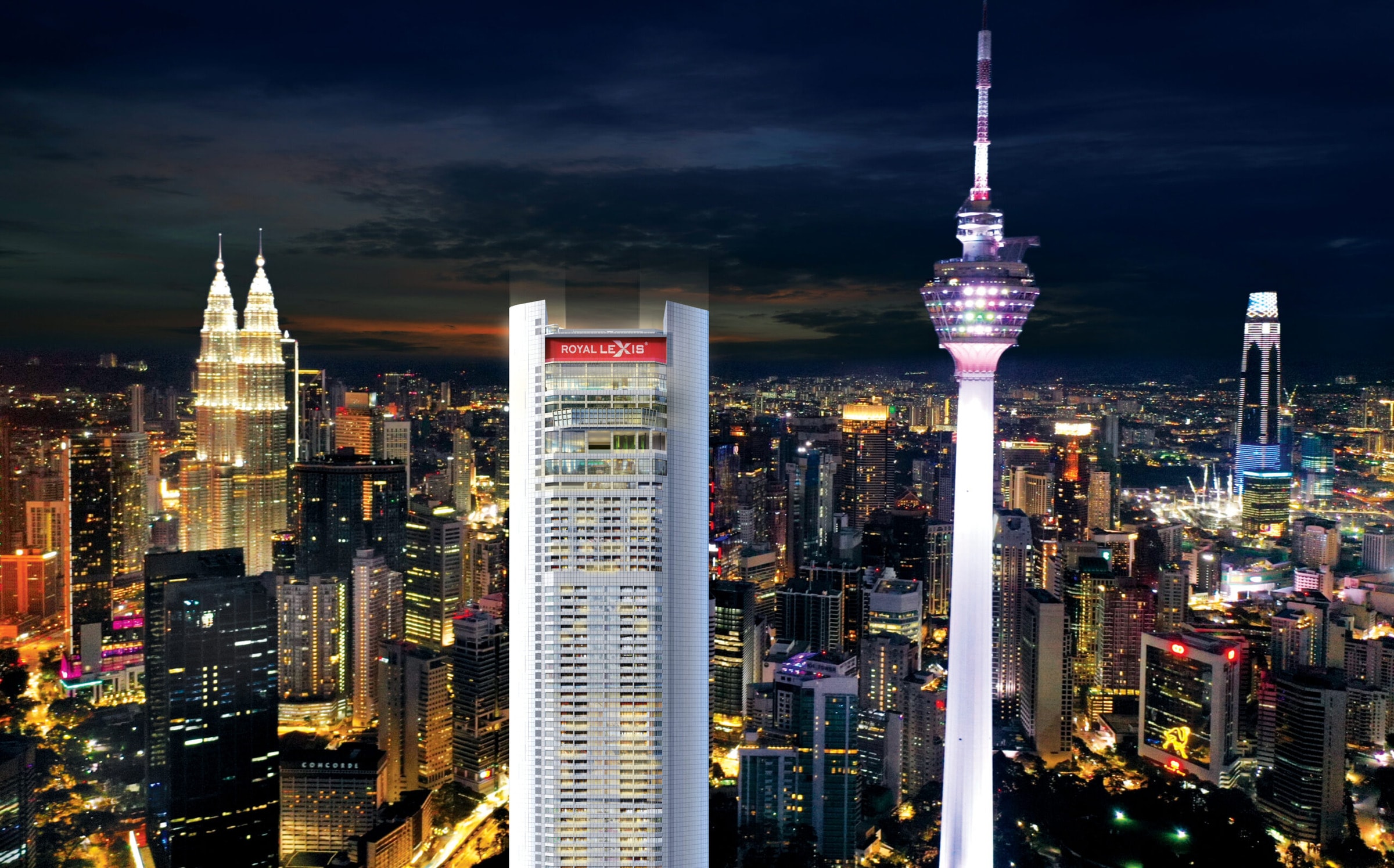 Royal Lexis Kuala Lumpur — the 66-storey tower lit at night on Jalan Sultan Ismail with its illuminated Royal Lexis crown, the Petronas Twin Towers on the left, Menara Kuala Lumpur on the right and Merdeka 118 beyond