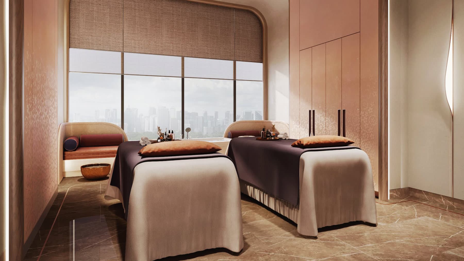 LexSpa — twin treatment beds against a full-height window, with the spa reception and retail counter alongside