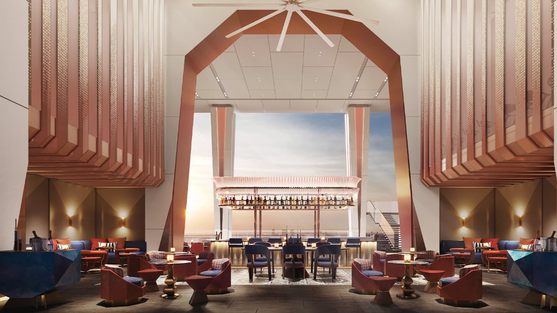 The pool bar on Level 57 — a double-height arched opening onto the deck and the sunset side of the city