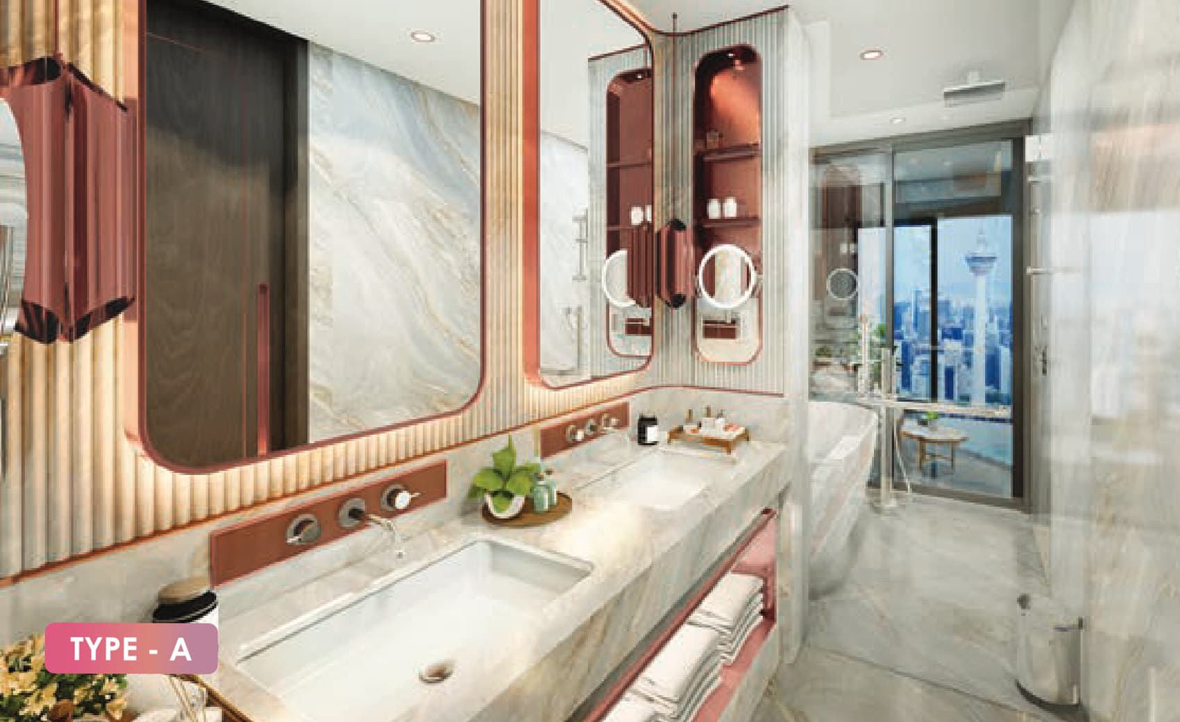 Royal Lexis Type A bathroom — a marble vanity run with twin basins under backlit mirrors, a freestanding tub beyond it and Menara Kuala Lumpur through the window