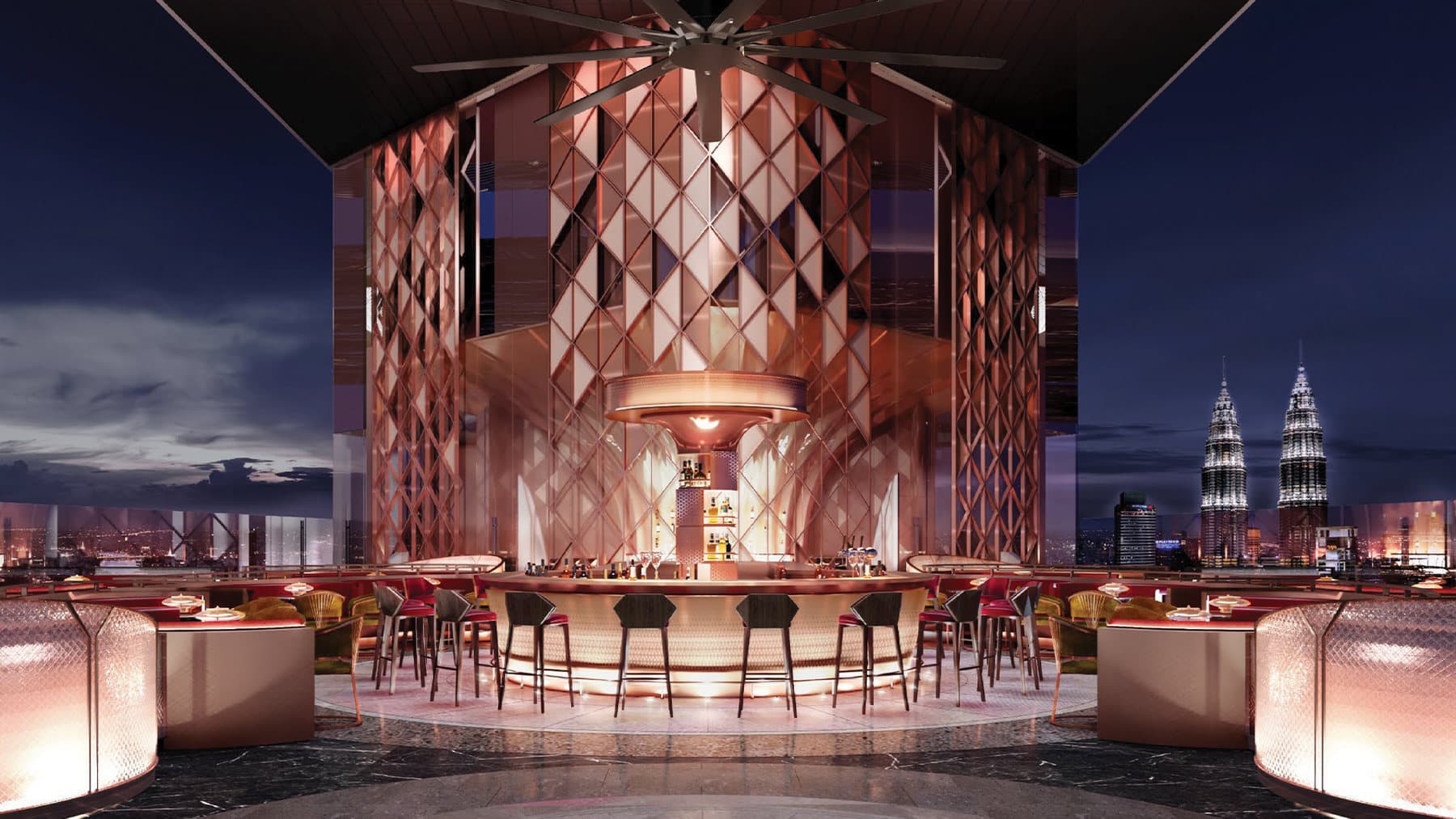 The top-floor sky bar, wrapped around a faceted copper column, glazed on both sides at the very top of the tower