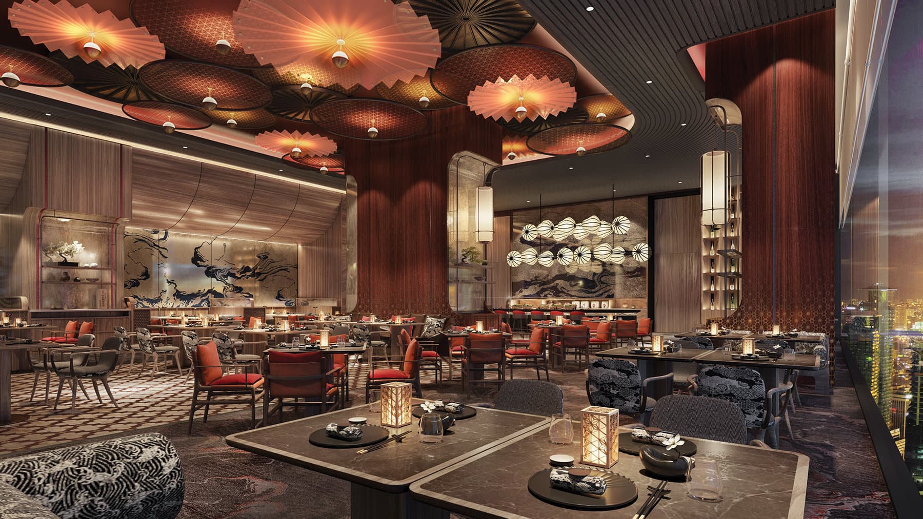 Umi, the Japanese restaurant — teppanyaki counters and a sushi bar under a coffered copper ceiling