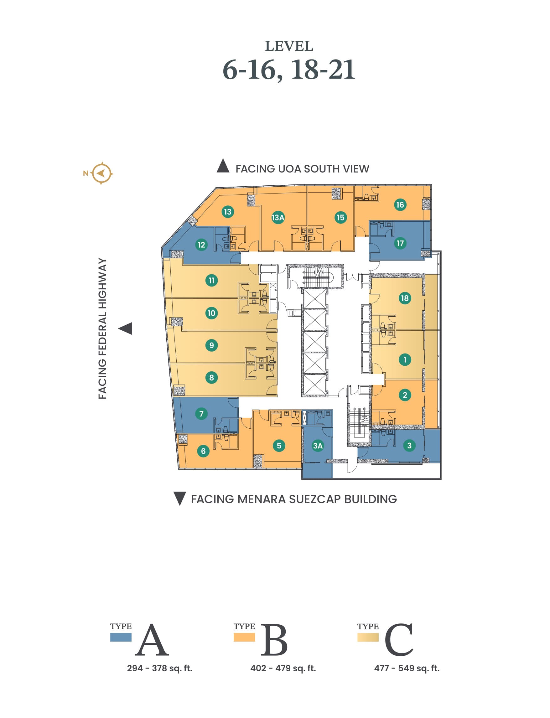 Solarvest Suites key plan — Levels 6 – 16 and 18 – 21