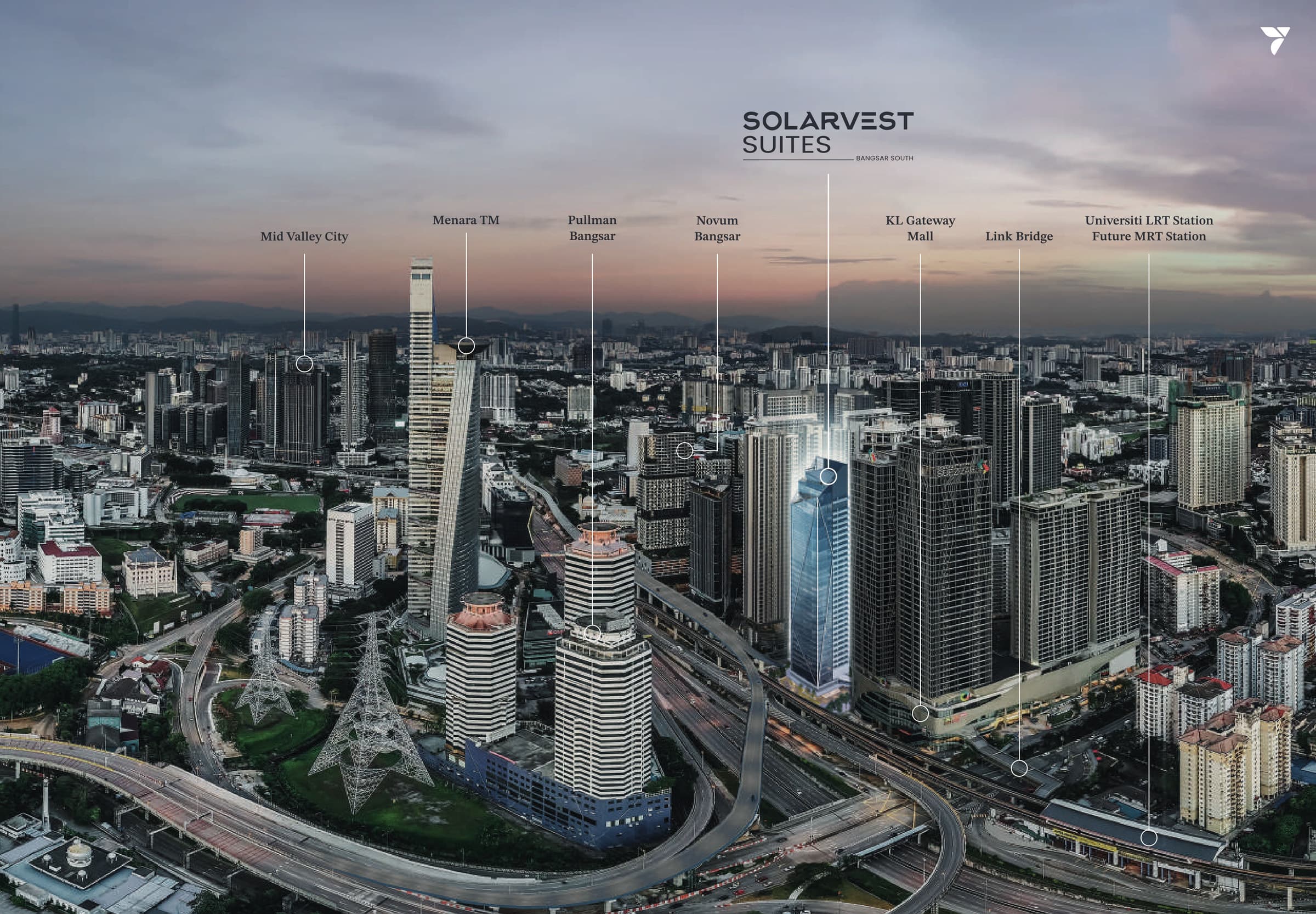 Solarvest Suites in the Bangsar South skyline, with Mid Valley City, Menara TM, KL Gateway Mall and Universiti LRT station marked