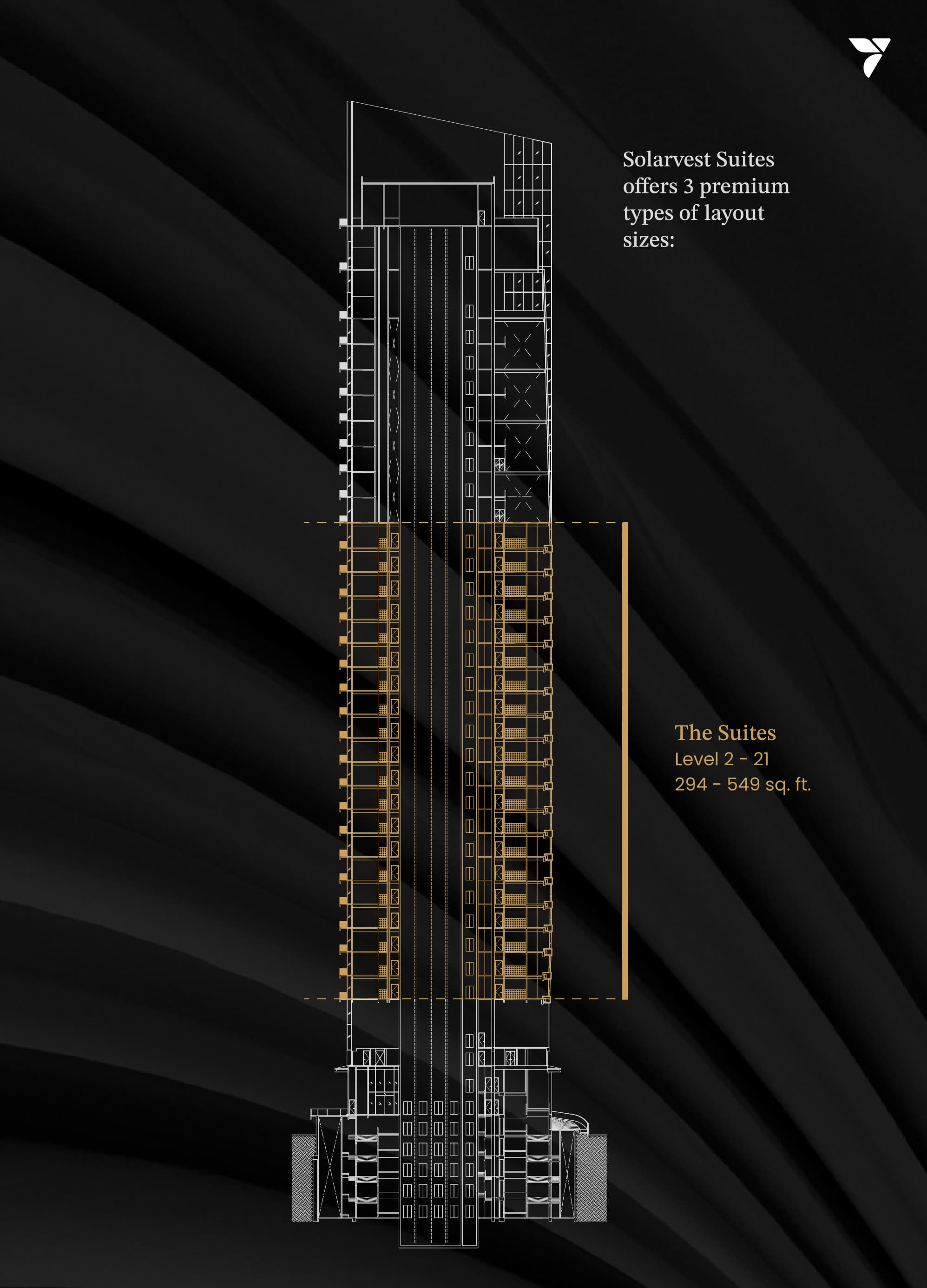 Section through the Solarvest Suites tower, with the suites on Levels 2 to 21 picked out in gold