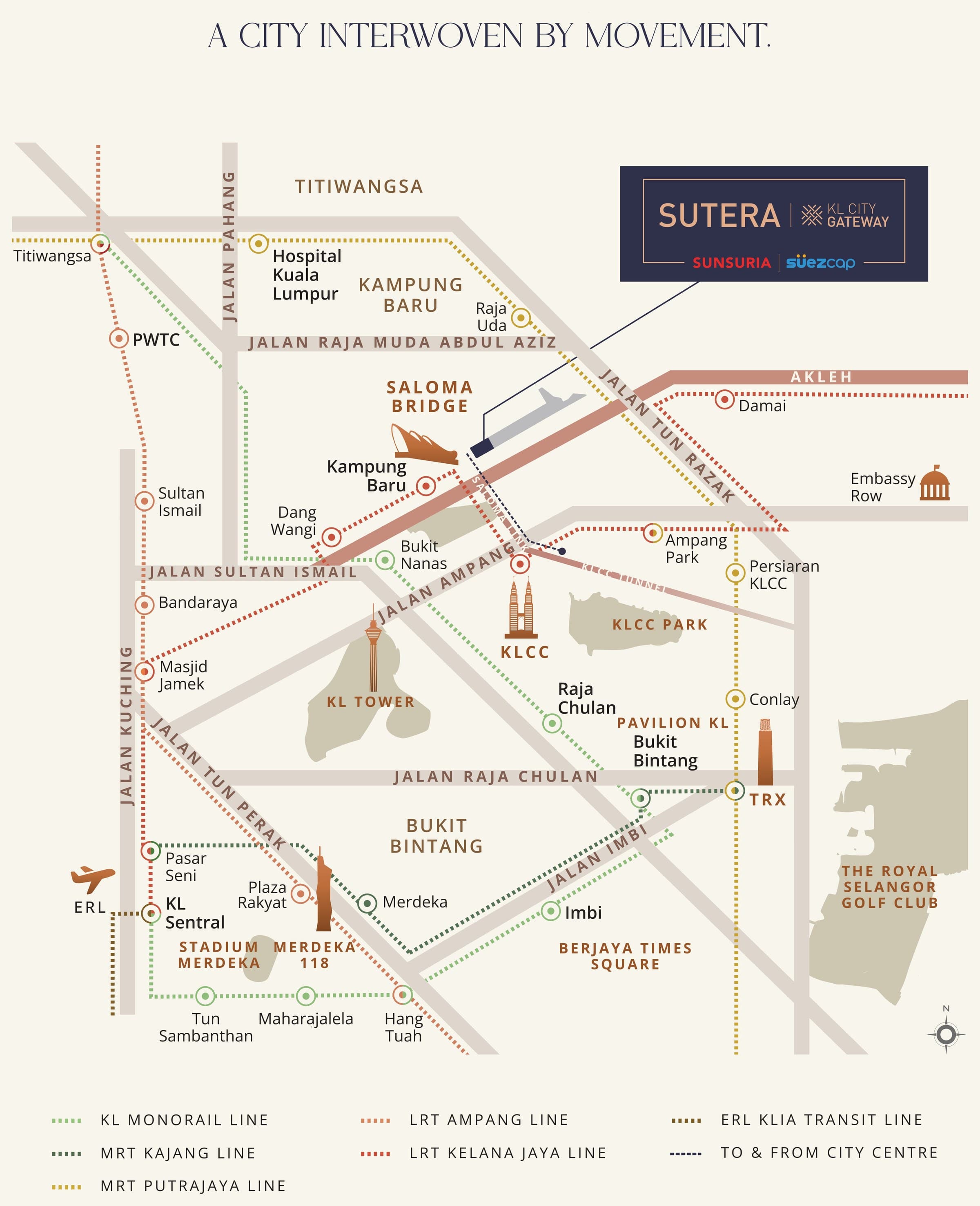Sutera Suites location map — the tower marked beside the Saloma Bridge where Jalan Tun Razak meets the AKLEH, with Kampung Baru, KLCC, KLCC Park, Bukit Bintang, Titiwangsa and Merdeka 118 around it, and the KL Monorail, MRT Kajang, MRT Putrajaya, LRT Ampang, LRT Kelana Jaya and ERL KLIA Transit lines plotted with their stations