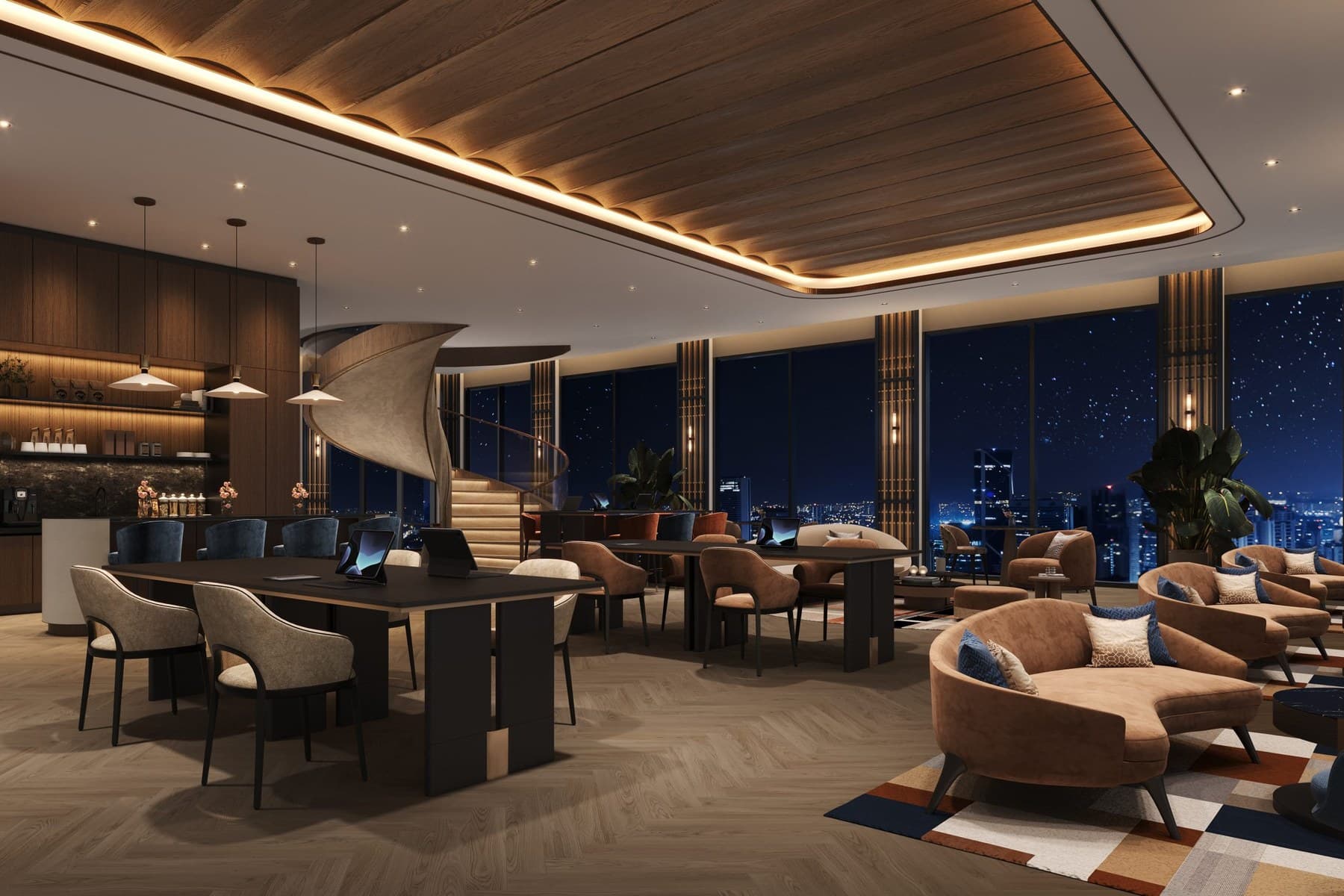 Business Suite — the Level 41 room the developer numbers 27 on its own key plan: long work tables, a bar counter, lounge seating and a spiral stair, wrapped in glazing over the night skyline
