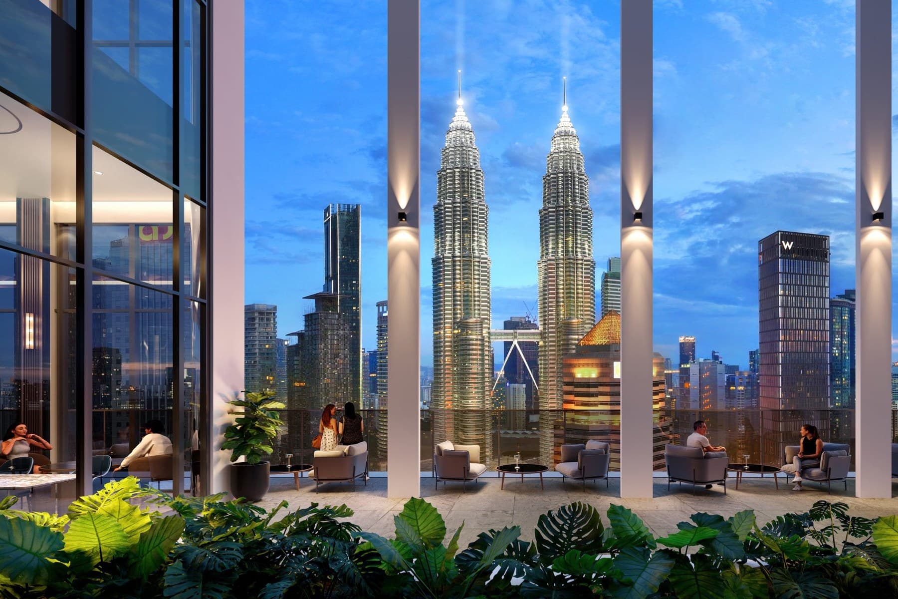 Sky Terrace — the Level 41 deck, planted at the edge and framed between full-height fins that open straight onto the Twin Towers