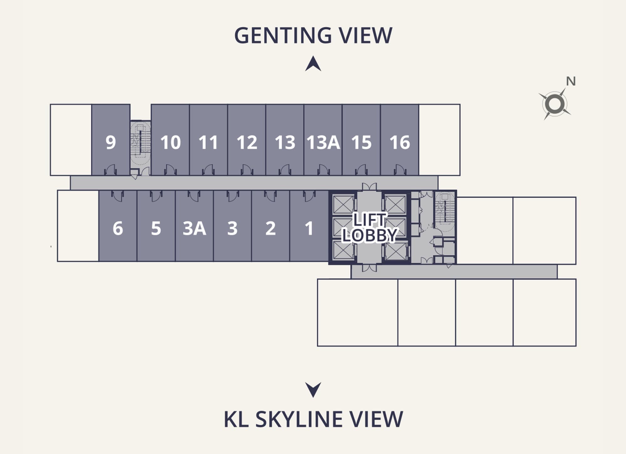 Sutera Suites typical floor plate with the fourteen Type A suites tinted — units 9, 10, 11, 12, 13, 13A, 15 and 16 on the north Genting View band and units 1, 2, 3, 3A, 5 and 6 on the south KL Skyline View band, either side of a single corridor with the lift lobby at the east end