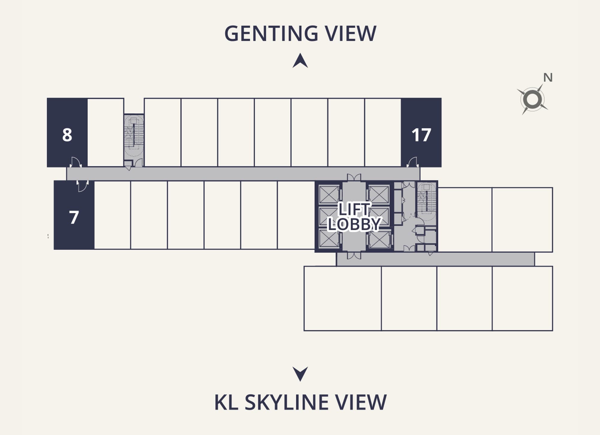 Sutera Suites typical floor plate with the three Type A1 suites tinted in indigo — units 8 and 17 at either end of the north Genting View band and unit 7 at the west end of the south KL Skyline View band