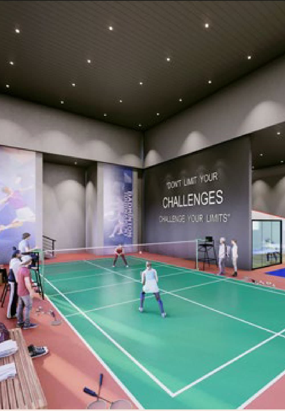 The indoor badminton court on the facility floor