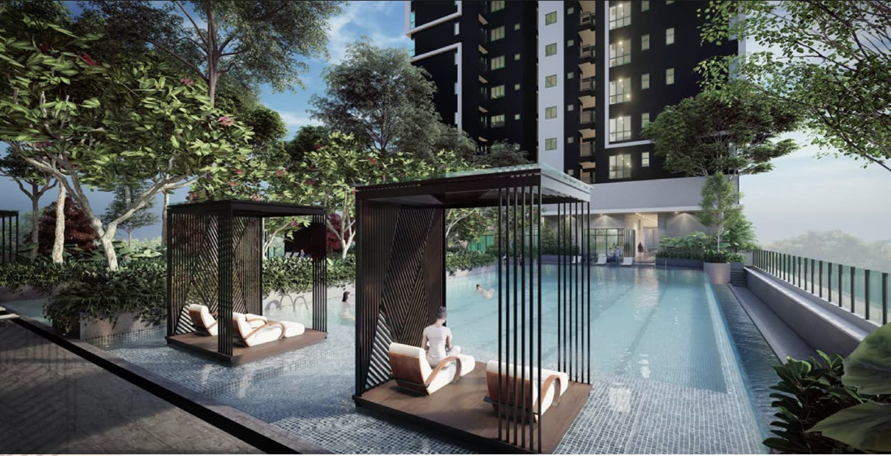 The Level 3A pool deck, with its shaded cabanas