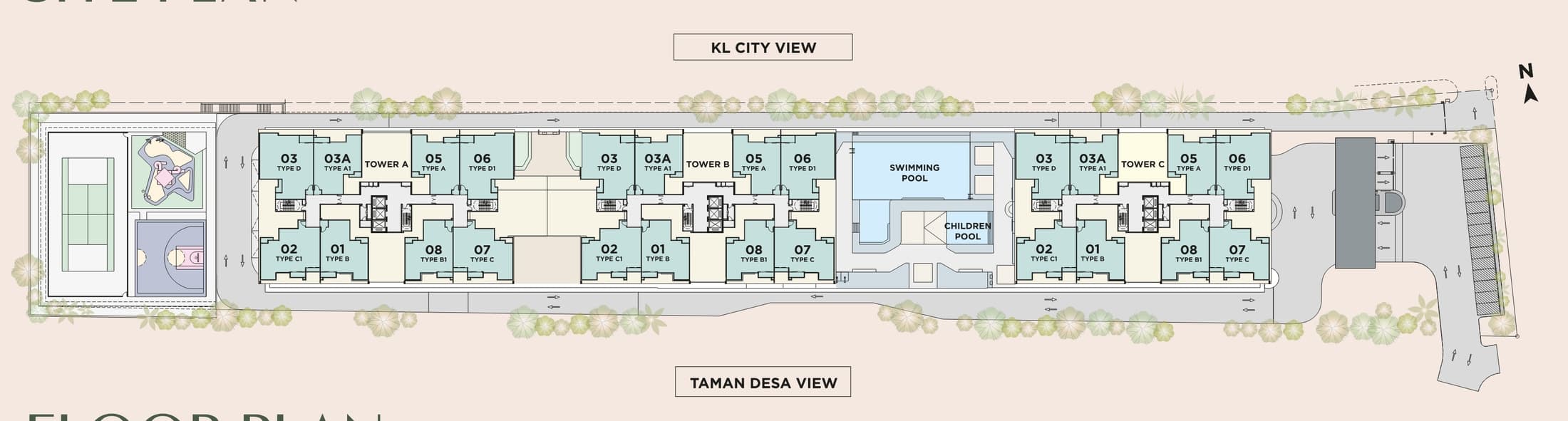 Site plan showing Towers A, B and C, the swimming pool and the tennis court