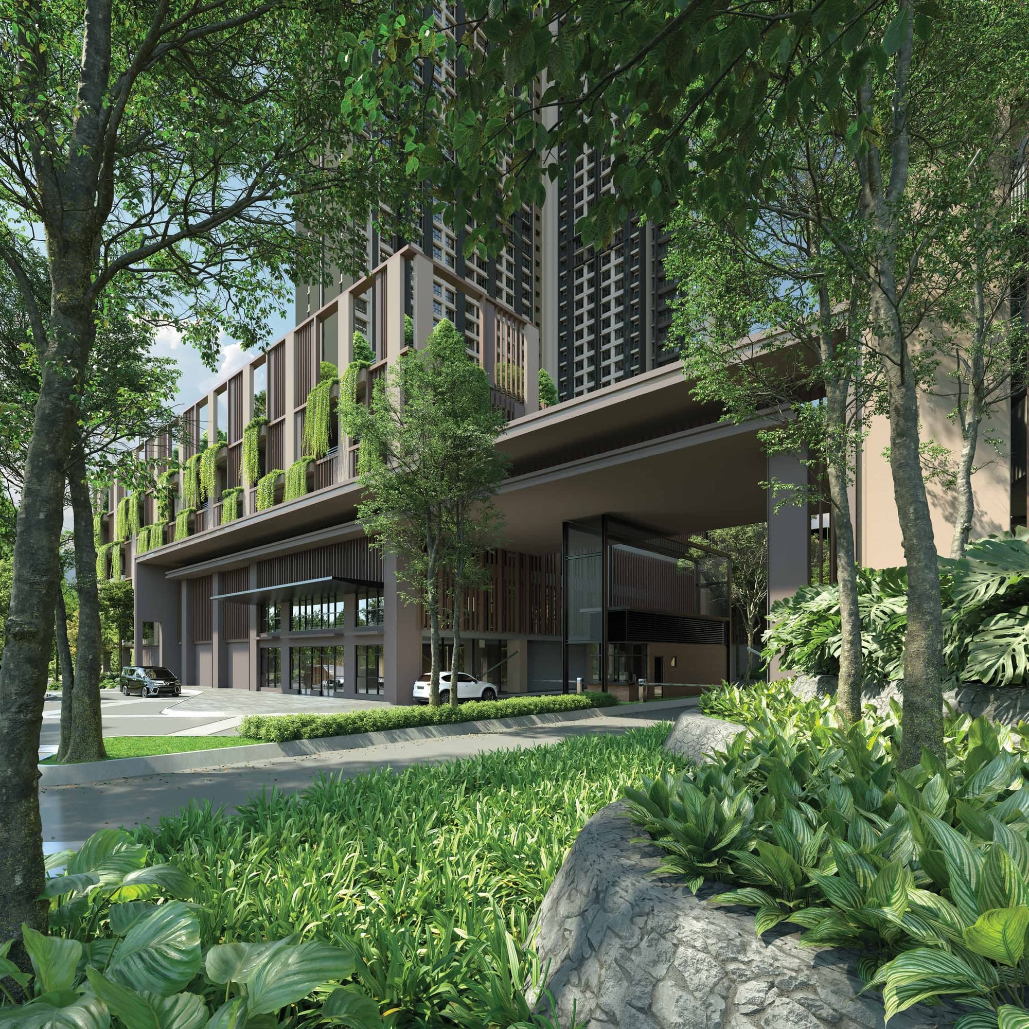 The retail podium and residential arrival
