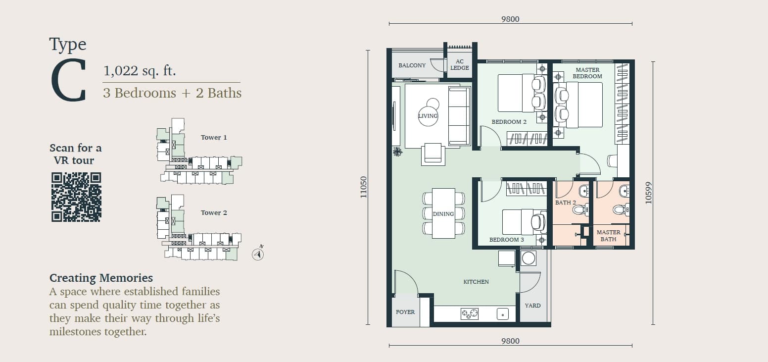 The Atera — Type C, 1,022 sq ft, 3 bedrooms + 2 baths