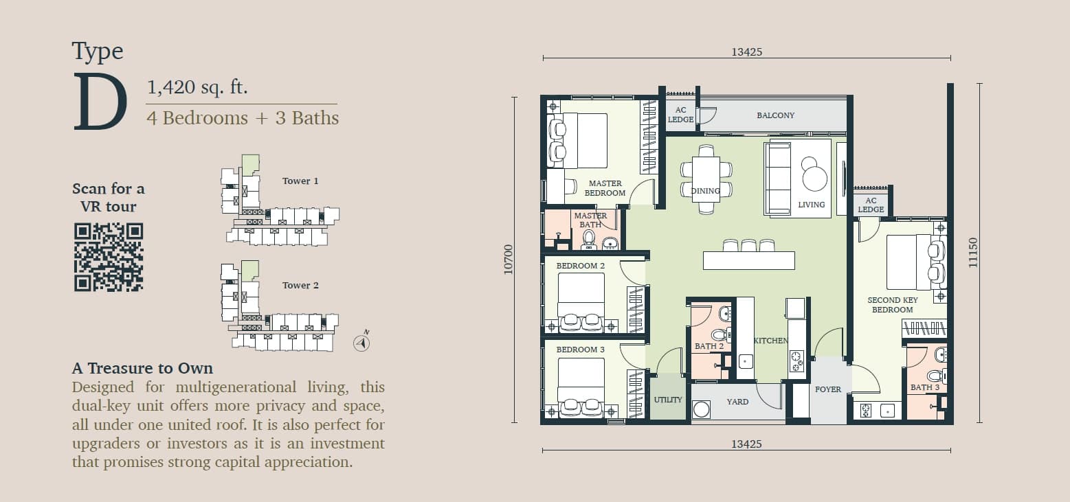 The Atera — Type D, 1,420 sq ft, 4 bedrooms + 3 baths, dual key