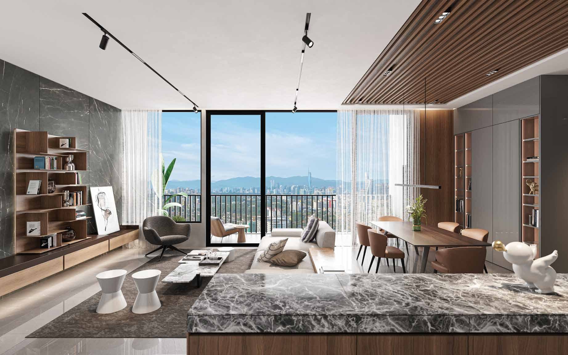 Living and dining, with the KL skyline beyond