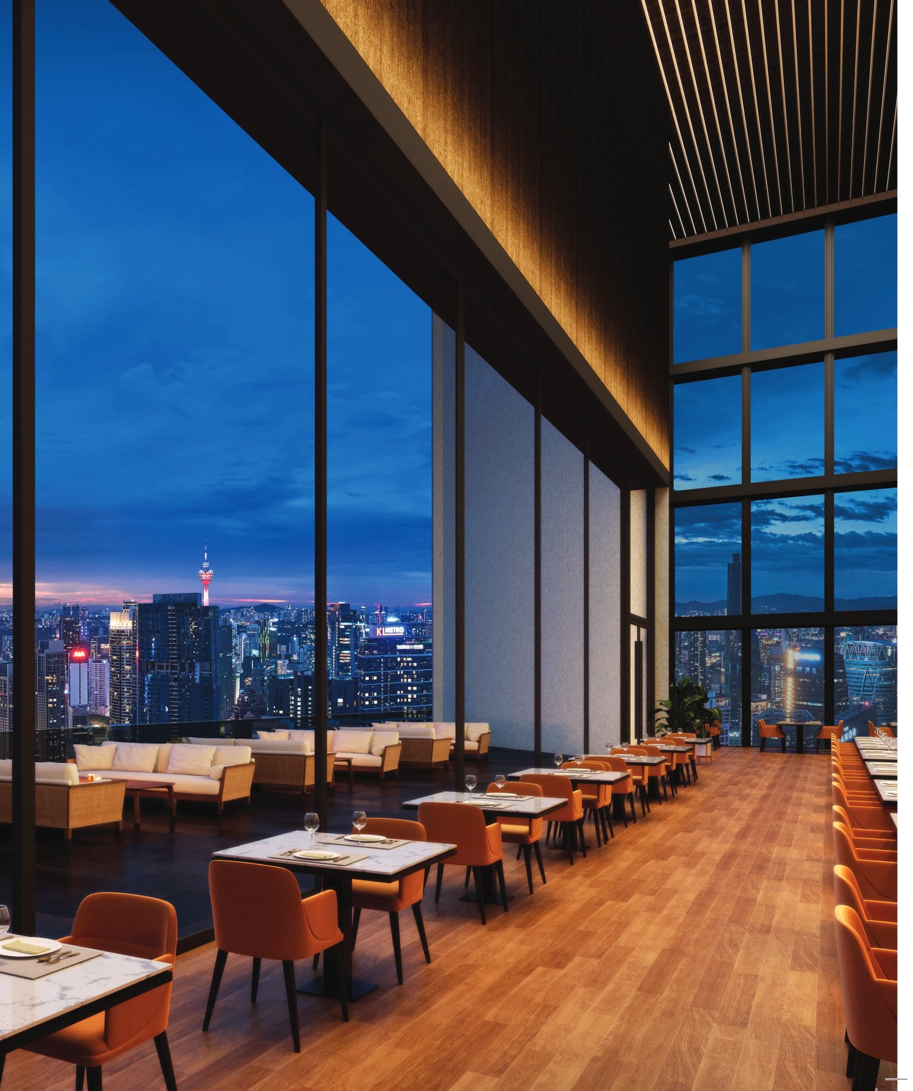 Sky dining indoors — seasonal menus served against the Kuala Lumpur skyline, for residents and their guests