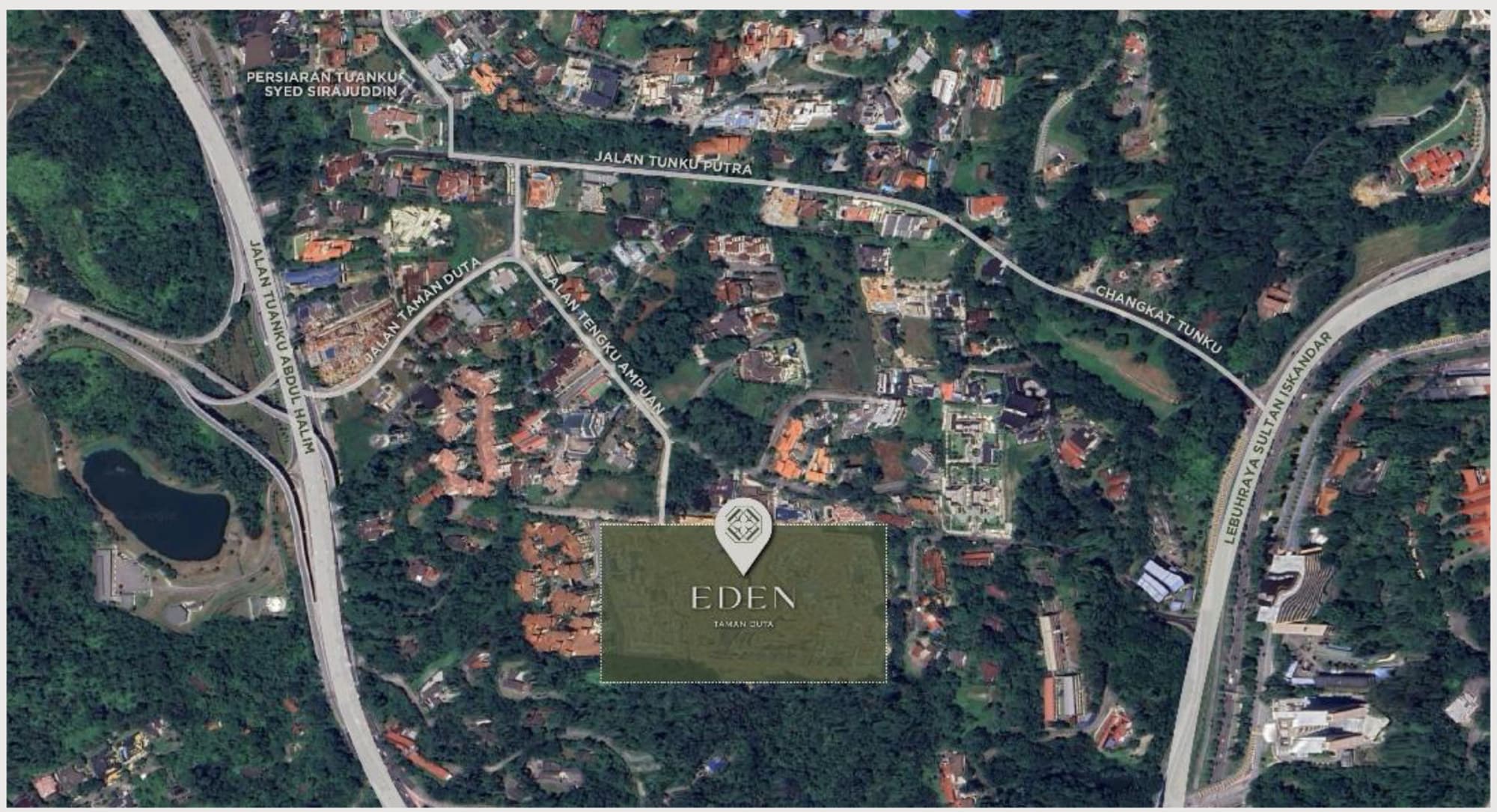 Satellite view of the Eden Taman Duta site, bounded by Jalan Tengku Ampuan, Jalan Tunku Putra, Jalan Taman Duta and the Lebuhraya Sultan Iskandar