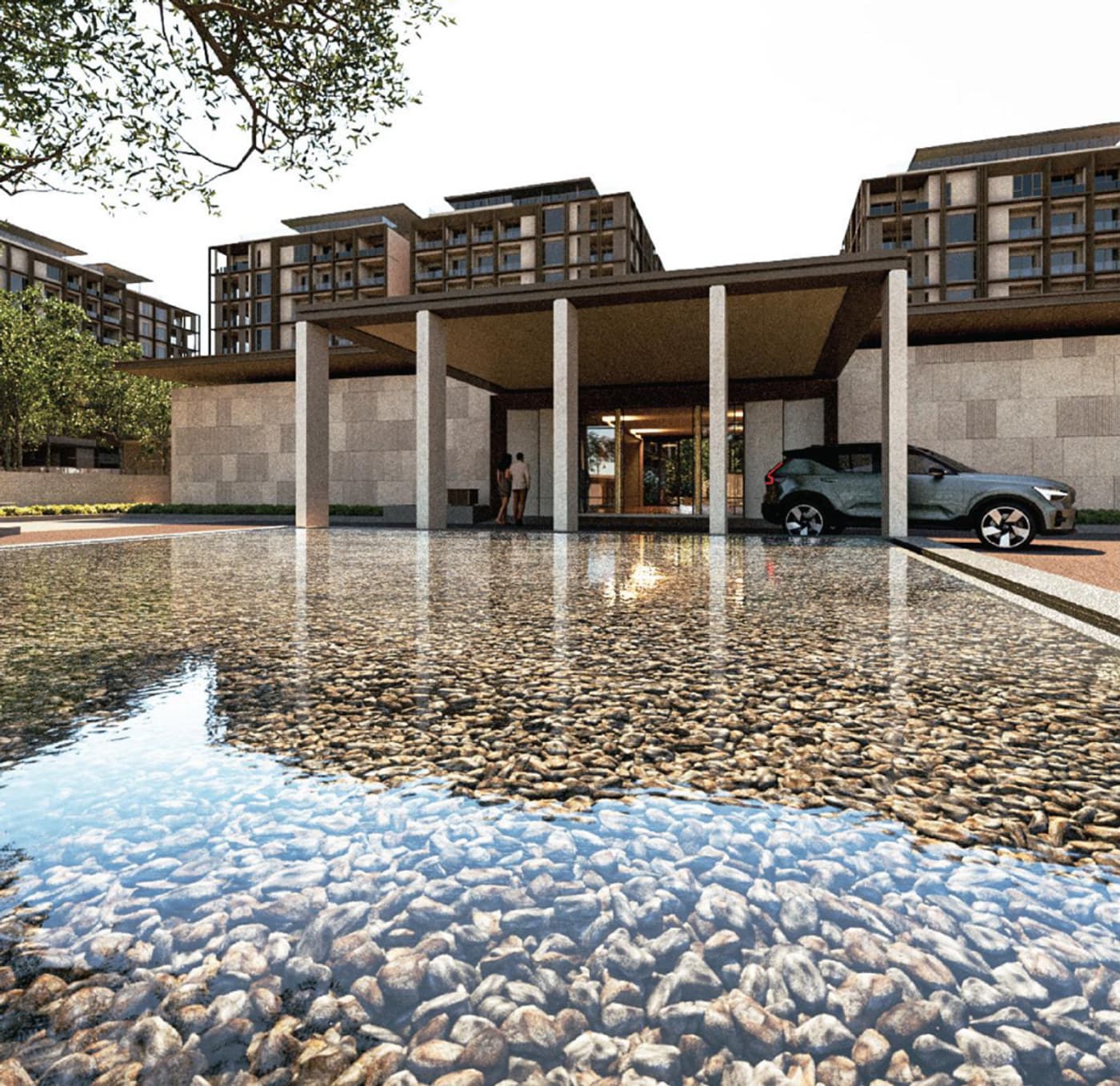 The arrival court, seen across the reflecting pool at the main entrance