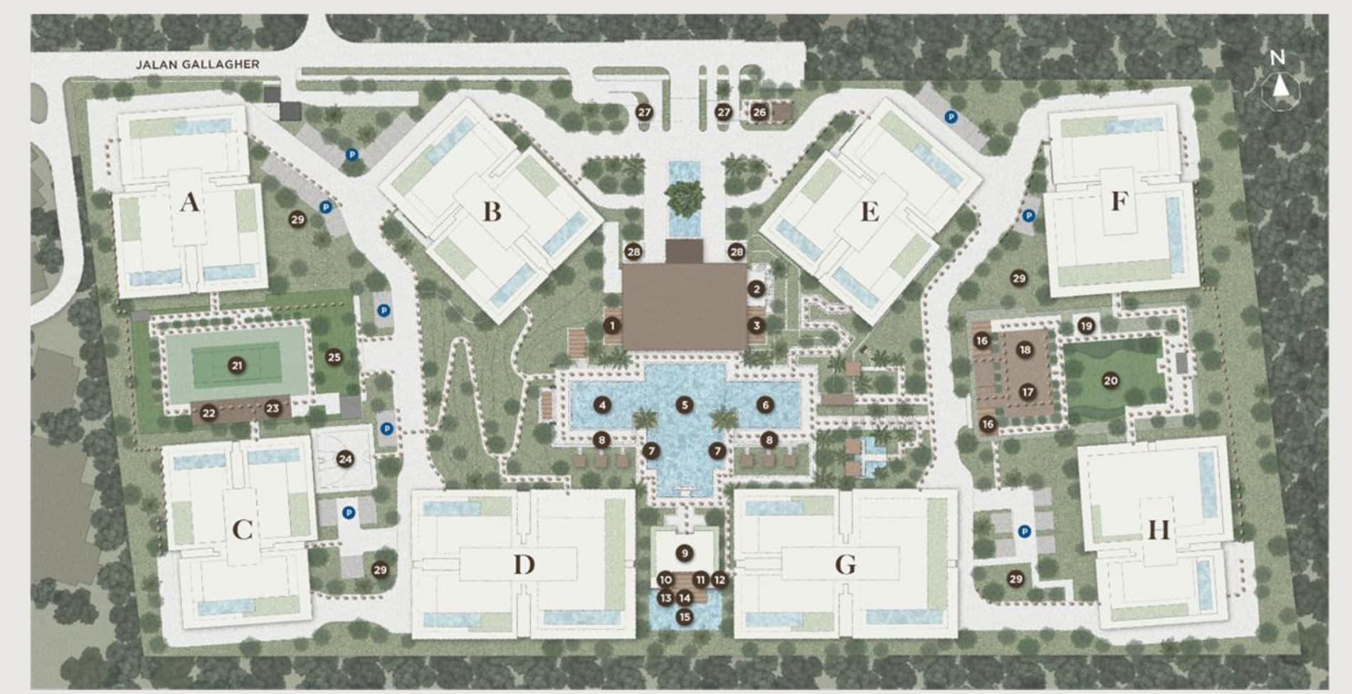 The Eden @ Kenny Hills site and facilities plan — eight blocks A to H around the central lap pool, Eden Club, Wellness Pavilion, Garden Pavilion, Active Pavilion and tennis court, off Jalan Gallagher