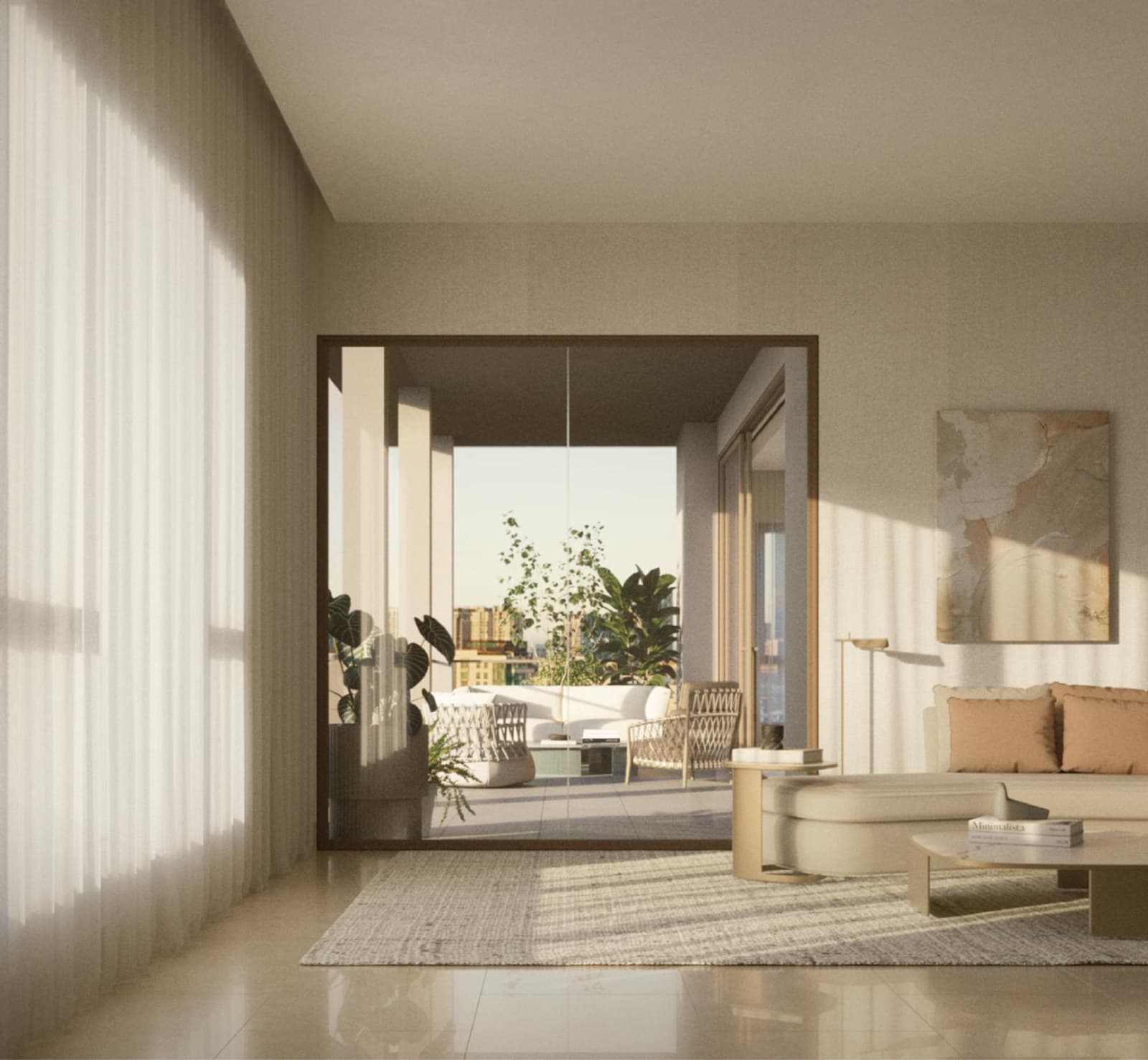 A living room opening to its balcony, from the developer's interior render