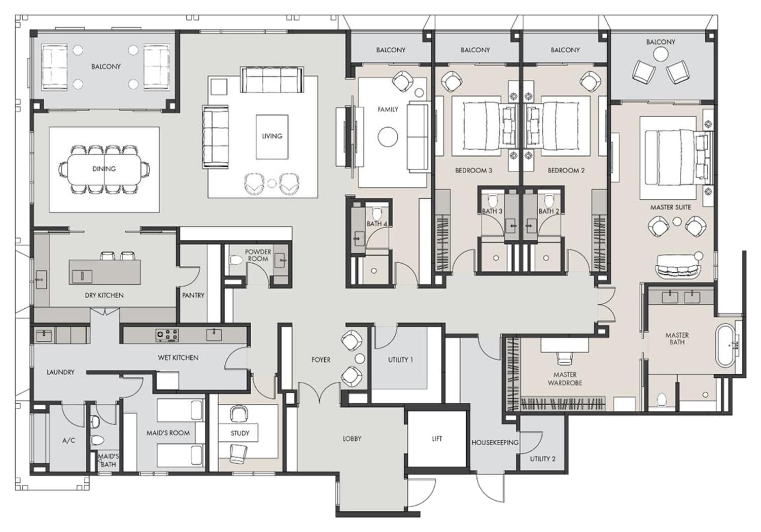 The Eden deluxe residence Type A2 floor plan — 5,307 sq ft, 4 + 2 bedrooms · 5 bathrooms + 1 powder room