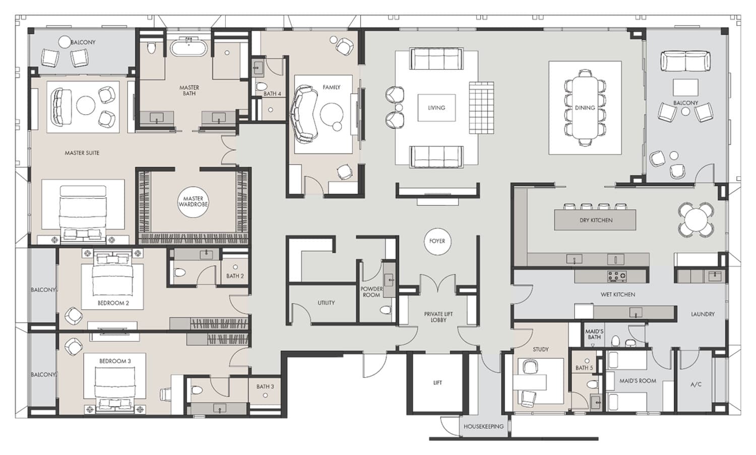 The Eden deluxe residence Type C floor plan — 6,491 sq ft, 4 + 2 bedrooms · 6 bathrooms + 1 powder room