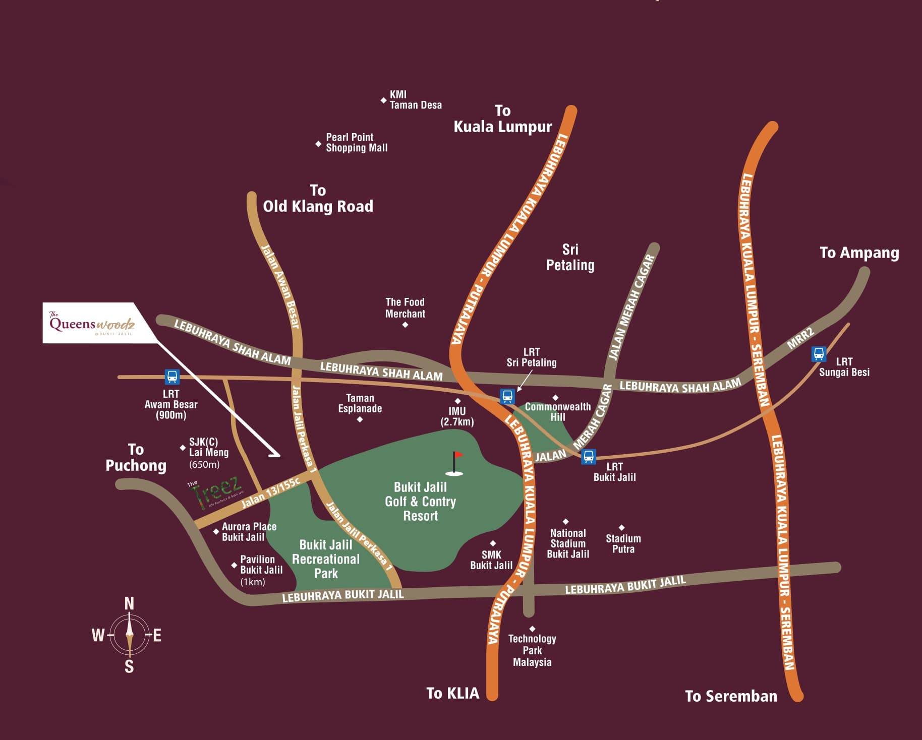 The Queenswoodz location map — the site marked off Jalan Jalil Perkasa 1 beside Awan Besar LRT, with the Bukit Jalil Recreational Park, Bukit Jalil Golf & Country Resort, Pavilion Bukit Jalil, Aurora Place, SJK(C) Lai Meng, SMK Bukit Jalil, IMU, Bukit Jalil National Stadium, Stadium Putra, Technology Park Malaysia, Commonwealth Hill, Taman Esplanade, The Food Merchant, Pearl Point Shopping Mall and KMI Taman Desa plotted around it, with KESAS, the Bukit Jalil Highway, the KL–Putrajaya and KL–Seremban expressways, MRR2 and the Awan Besar, Sri Petaling, Bukit Jalil and Sungai Besi LRT stations