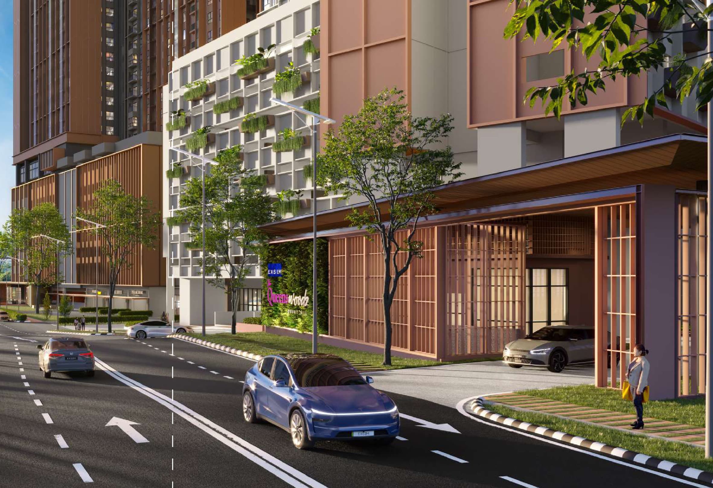 Grand Arrival — the ground-level drop-off on Jalan Jalil Perkasa 1, with the LRT viaduct running past the far end of the street