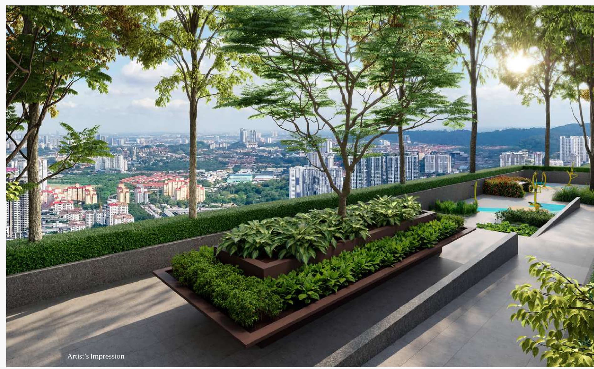 Green Terrace — the planted terrace on the Level 8 deck, looking west over Bukit Jalil towards Puchong