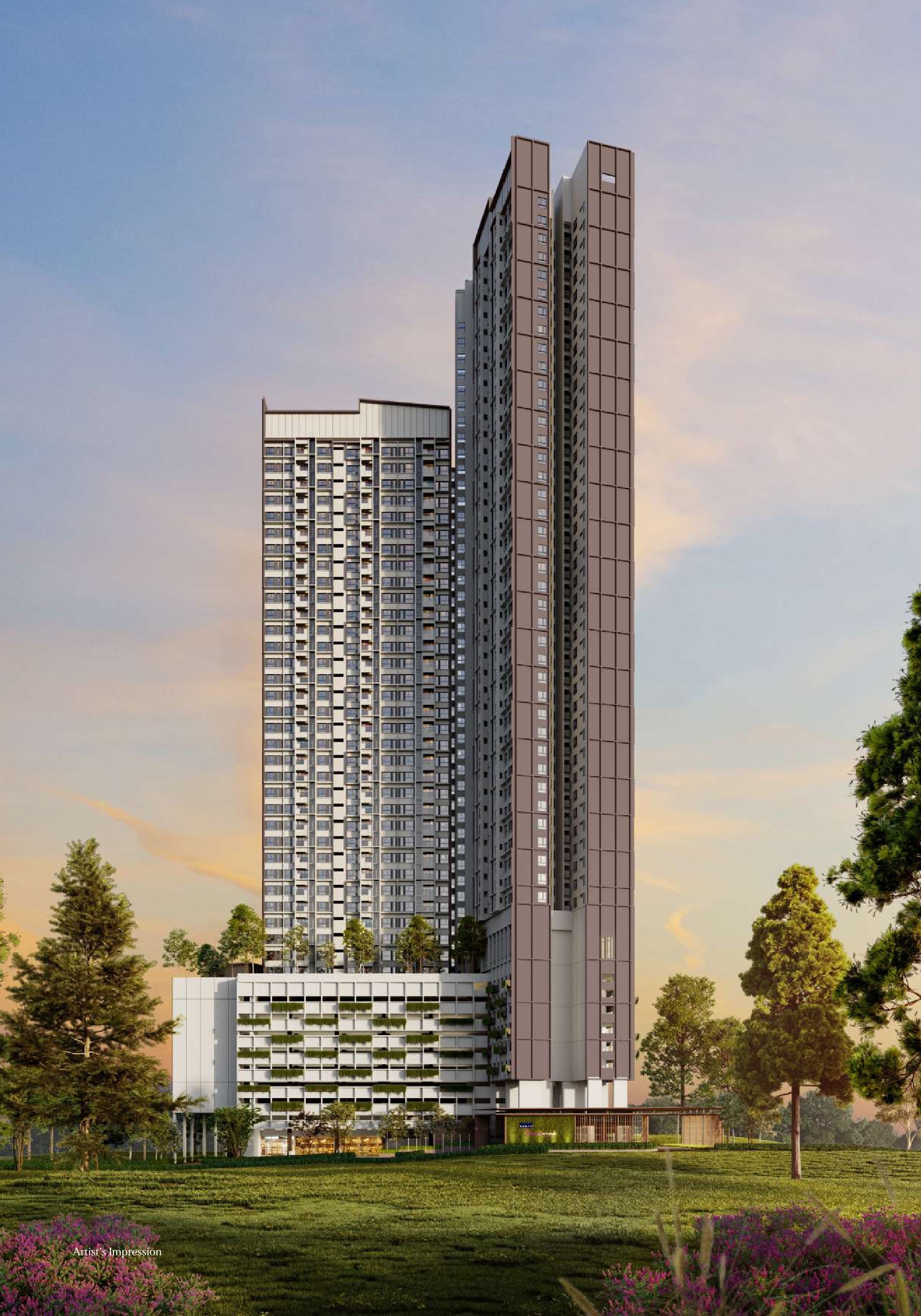The Queenswoodz @ Bukit Jalil — the two towers above their planted podium, seen from the Bukit Jalil Recreational Park at dusk