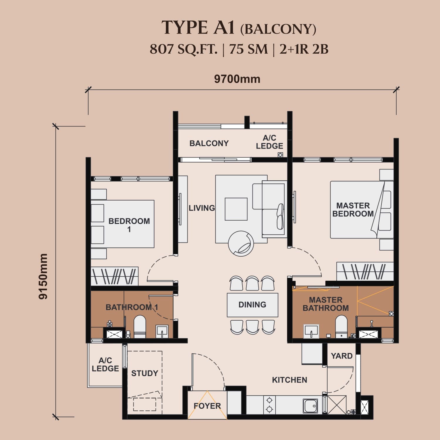 The Queenswoodz Bukit Jalil Type A1 floor plan — 807 sq ft, 2+1 bedrooms · 2 bathrooms · study · balcony