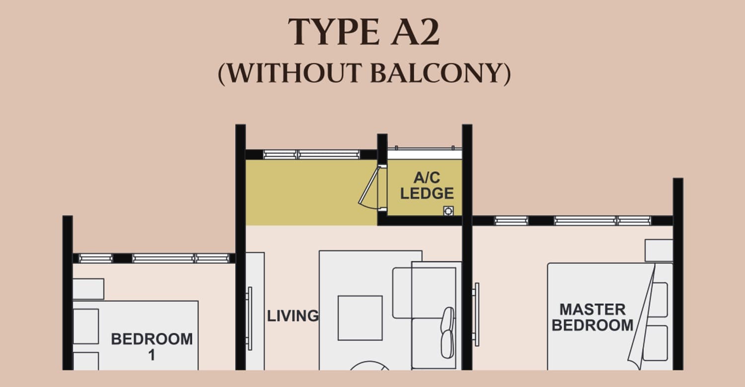 The Queenswoodz Type A2 — the without-balcony variant, with the former balcony area picked out in yellow