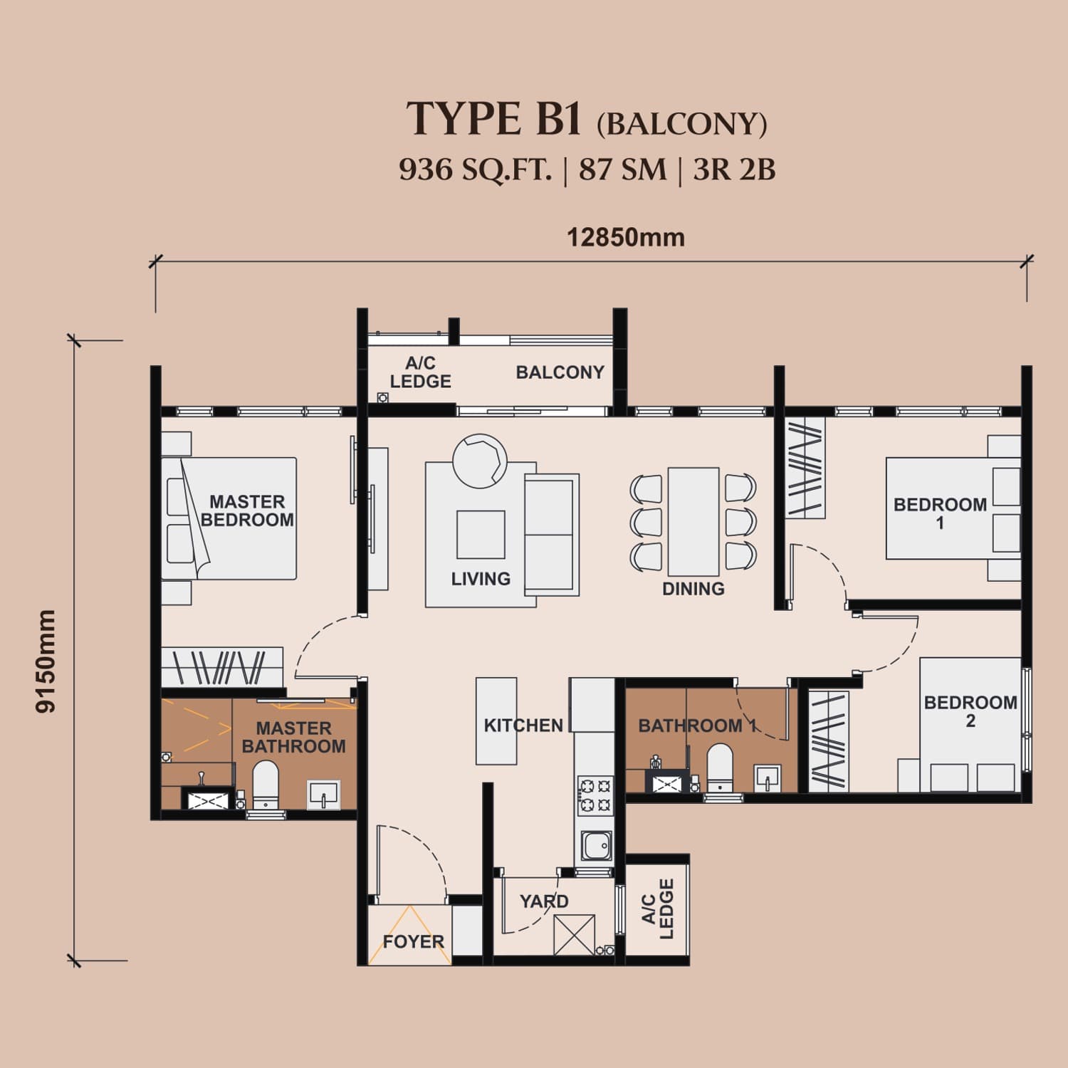The Queenswoodz Bukit Jalil Type B1 floor plan — 936 sq ft, 3 bedrooms · 2 bathrooms · balcony