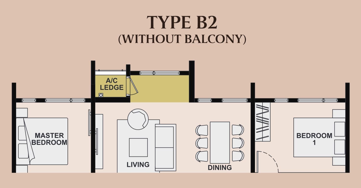 The Queenswoodz Type B2 — the without-balcony variant, with the former balcony area picked out in yellow