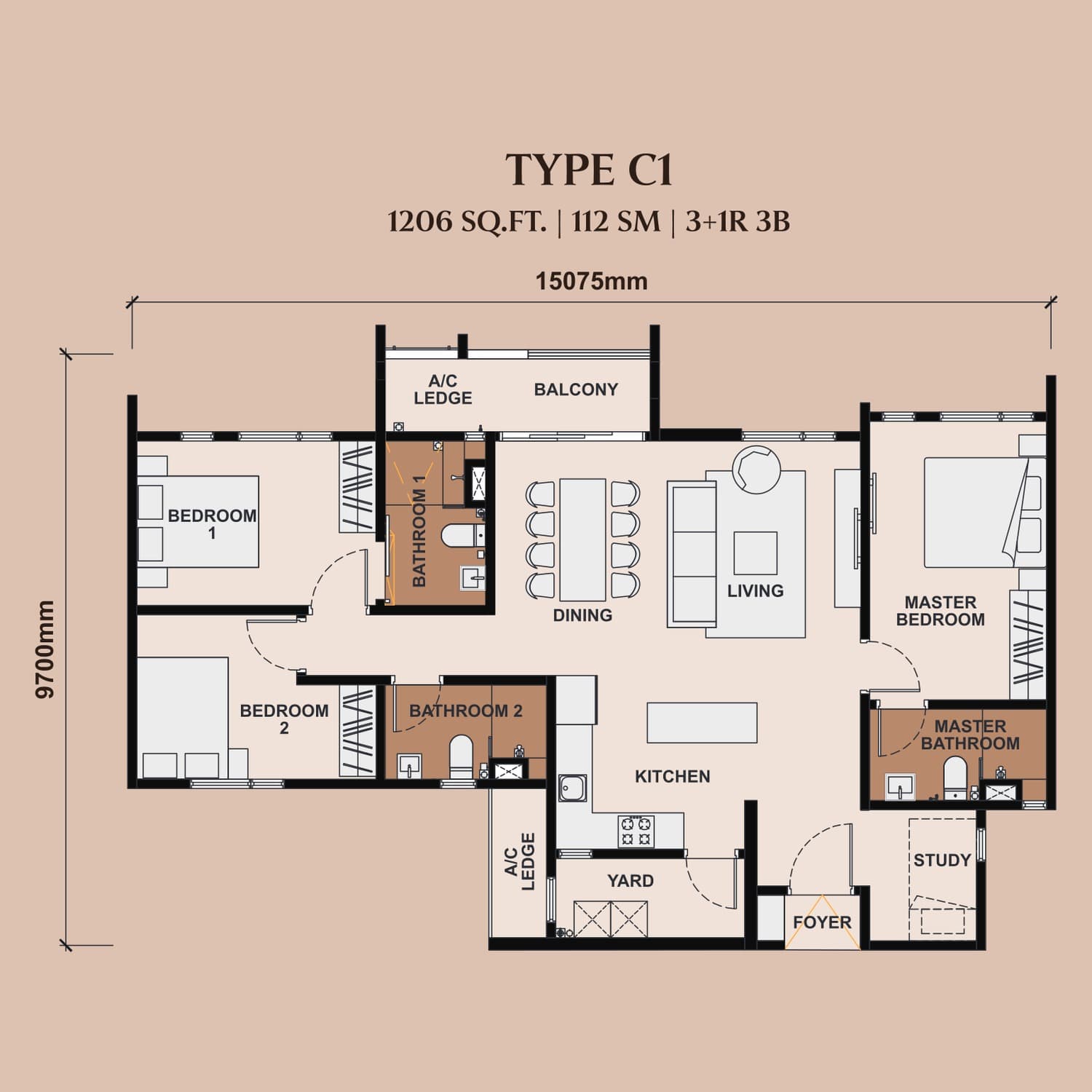 The Queenswoodz Bukit Jalil Type C1 floor plan — 1,206 sq ft, 3+1 bedrooms · 3 bathrooms · study · balcony