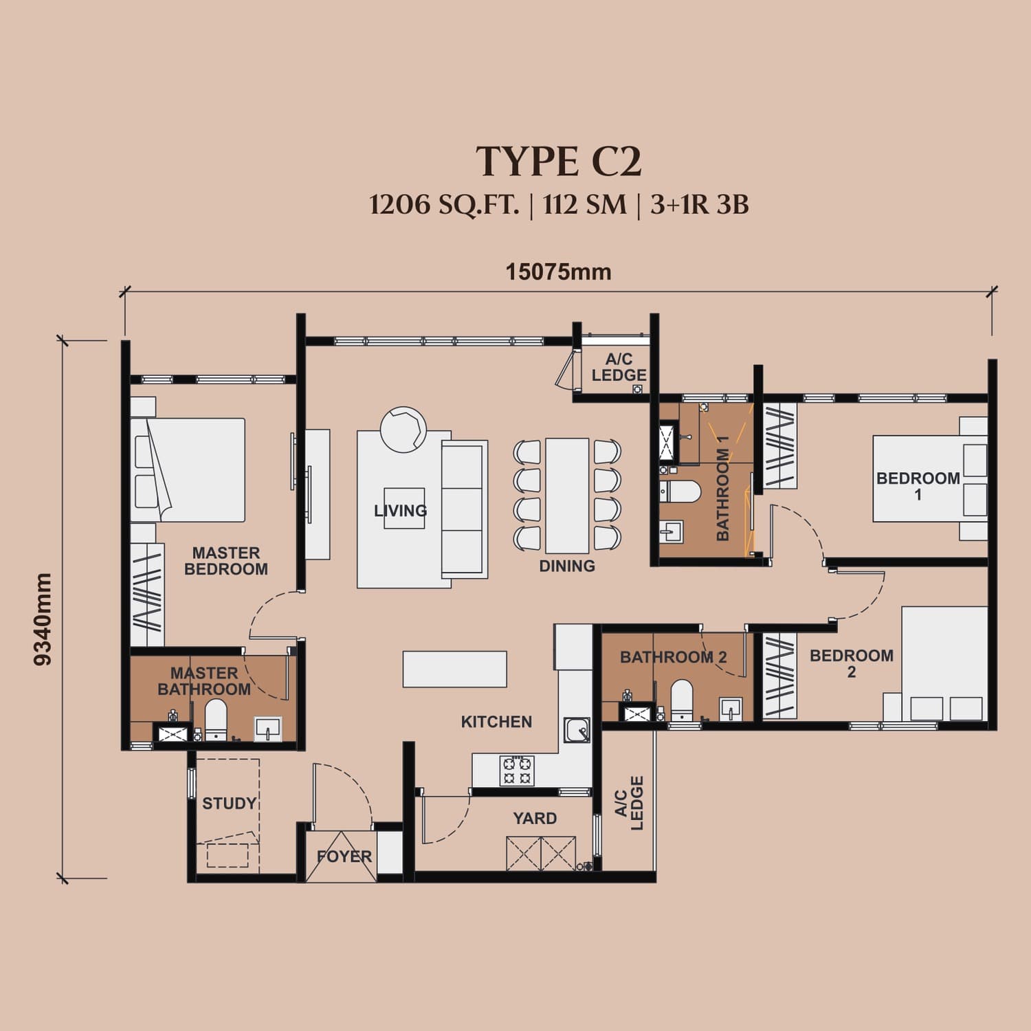 The Queenswoodz Bukit Jalil Type C2 floor plan — 1,206 sq ft, 3+1 bedrooms · 3 bathrooms · study · balcony