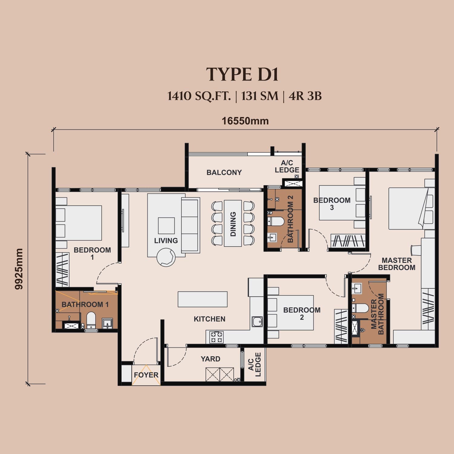 The Queenswoodz Bukit Jalil Type D1 floor plan — 1,410 sq ft, 4 bedrooms · 3 bathrooms · balcony