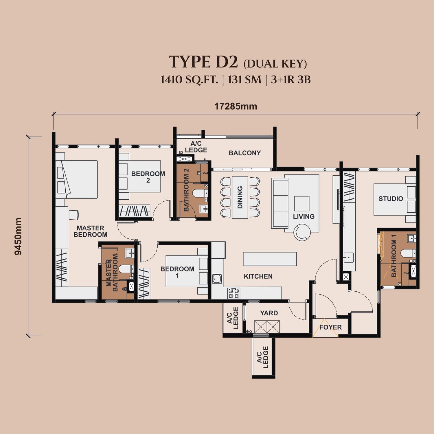 The Queenswoodz Bukit Jalil Type D2 floor plan — 1,410 sq ft, 3+1 bedrooms · 3 bathrooms · dual key · balcony