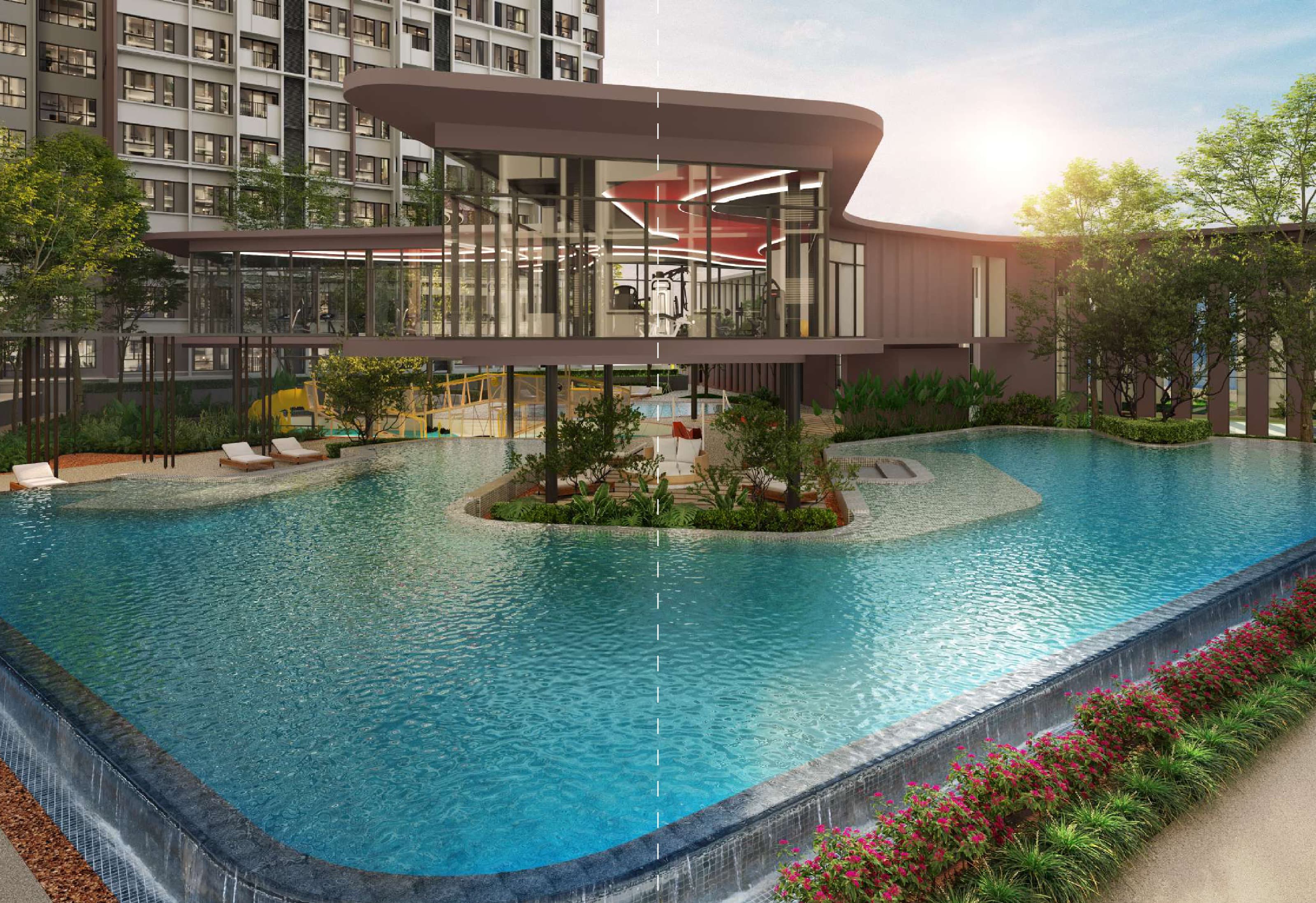 Leisure Pool — the main pool on the Level 8 podium, wrapped around the glazed gymnasium pavilion